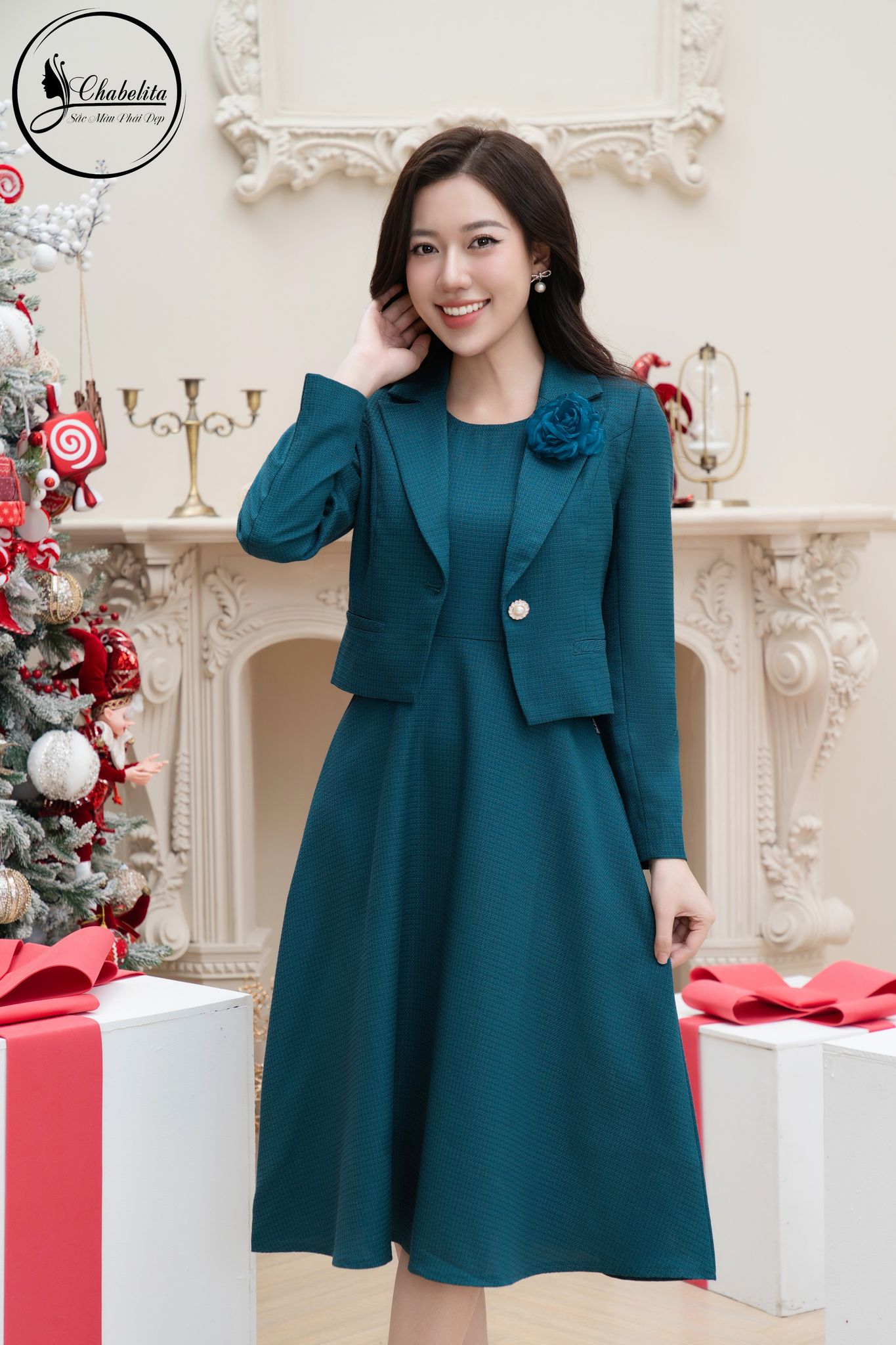 Sét bộ váy kèm áo vest màu xanh ngọc