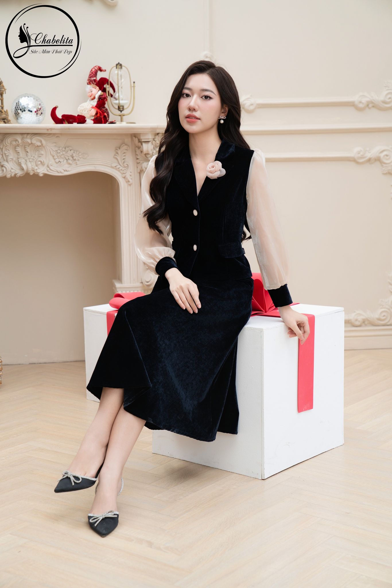 Sét bộ áo vest nhung kèm chân váy màu tím than