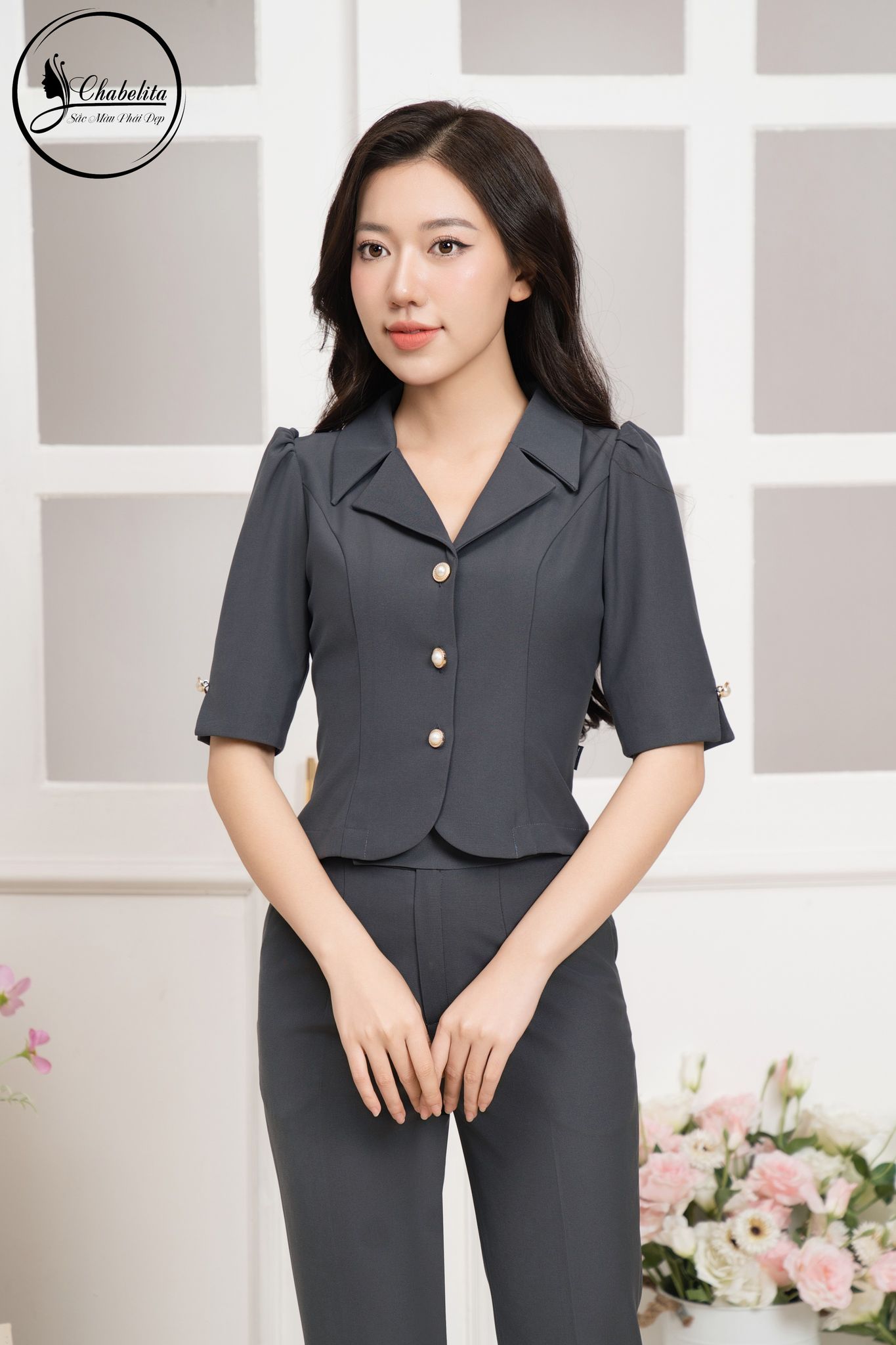 Sét bộ áo ký giả tay lỡ màu ghi