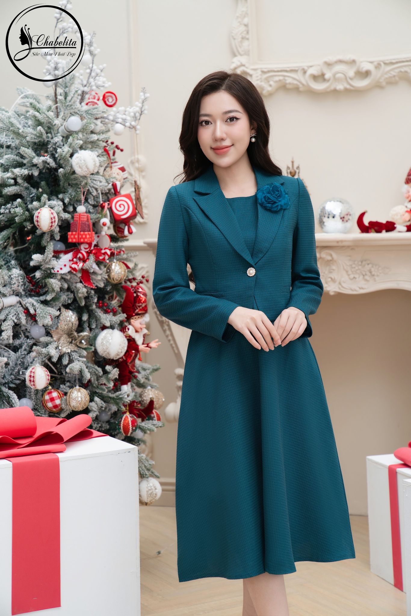 Sét bộ váy kèm áo vest màu xanh ngọc