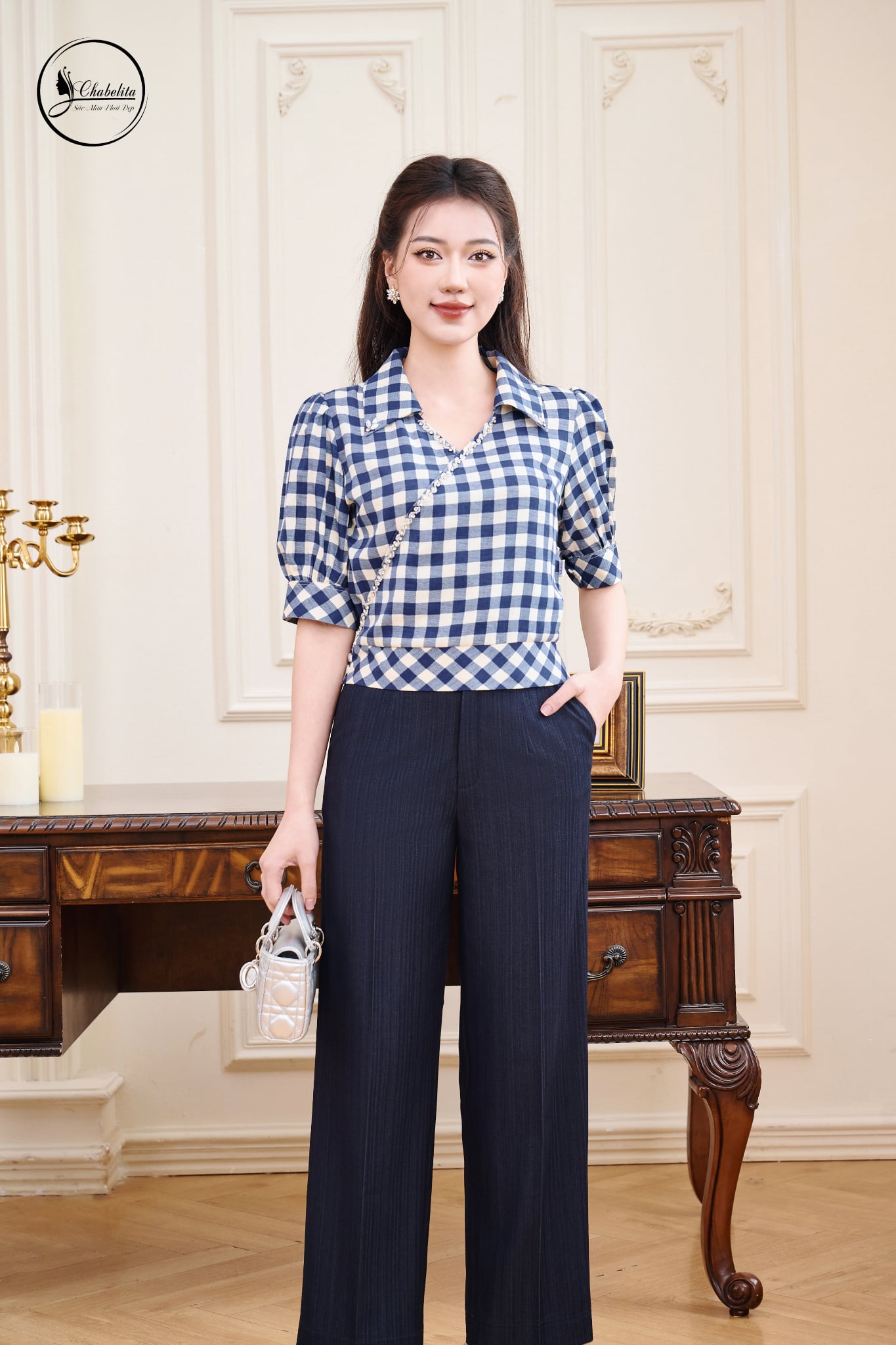 Quần suông cạp chun 1 khuy màu xanh