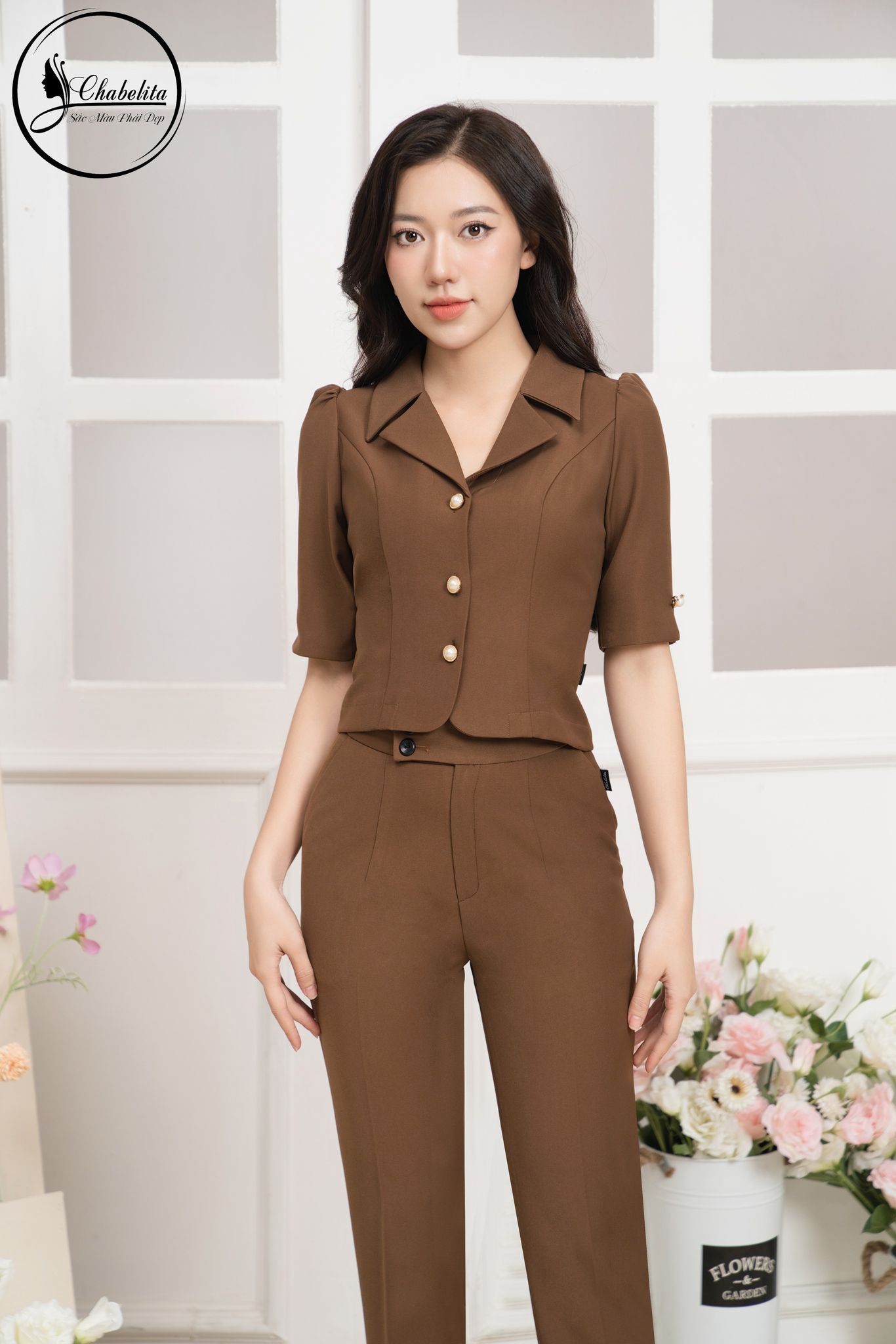 Sét bộ áo ký giả tay lỡ màu nâu