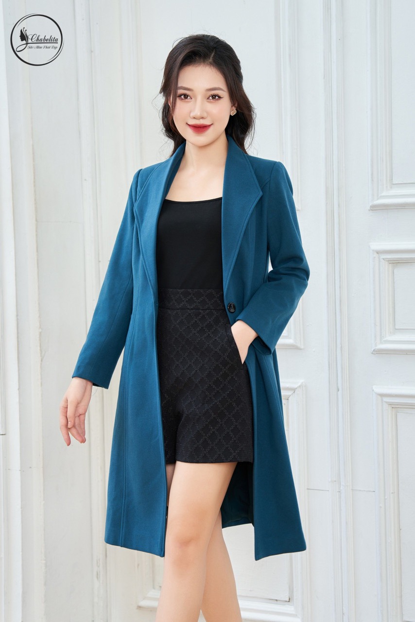 Áo măng tô dài màu xanh