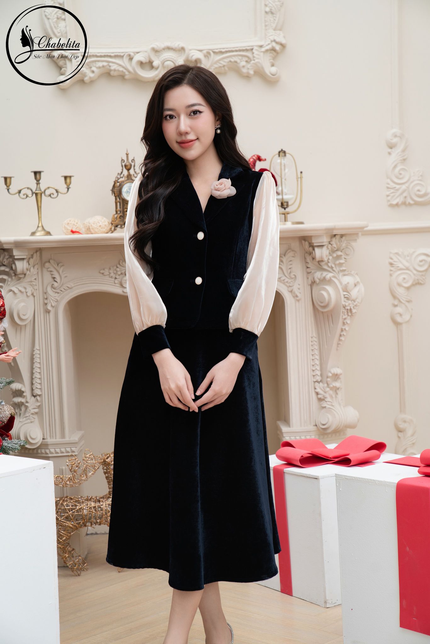 Sét bộ áo vest nhung kèm chân váy màu tím than