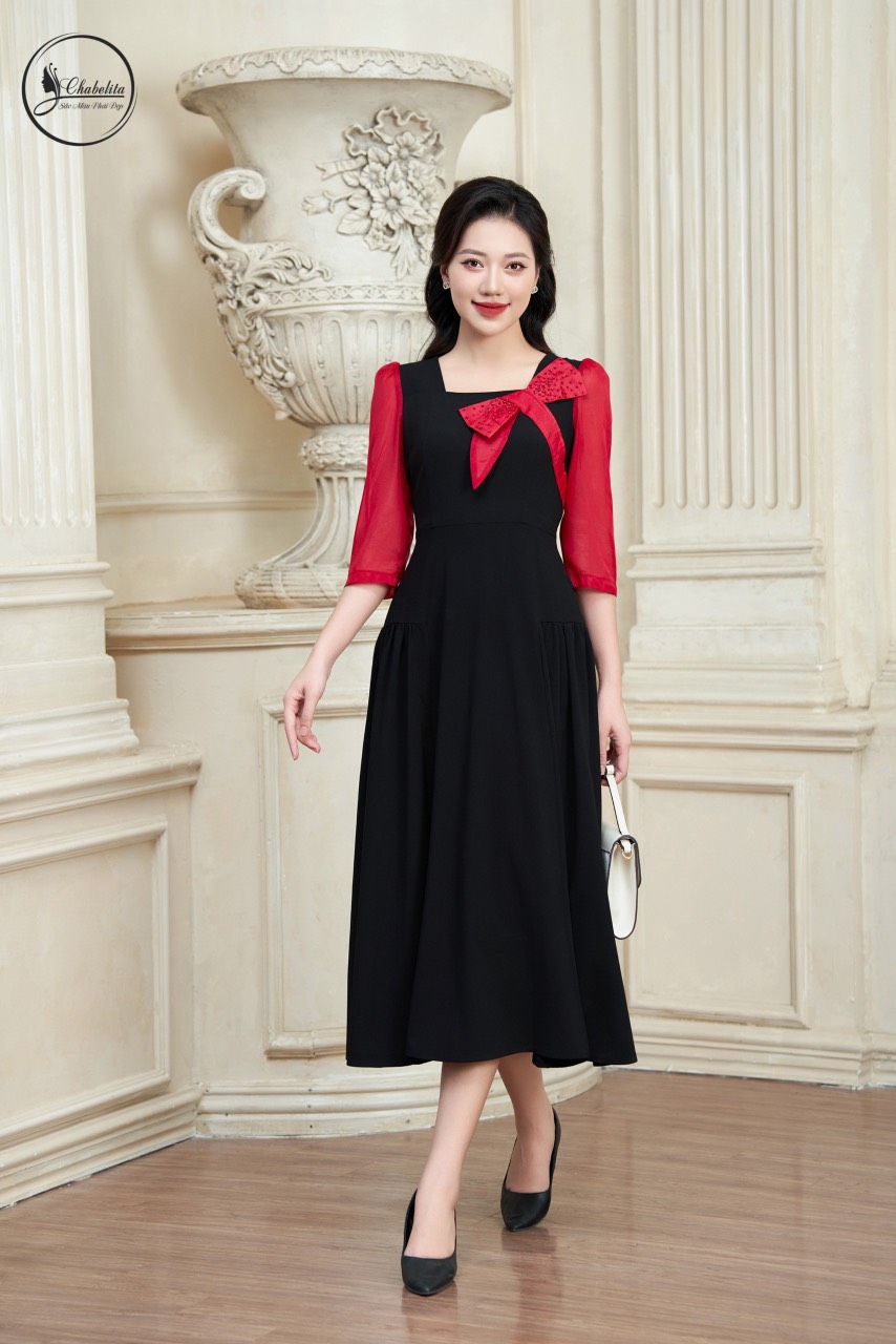 Đầm phối nơ màu đỏ