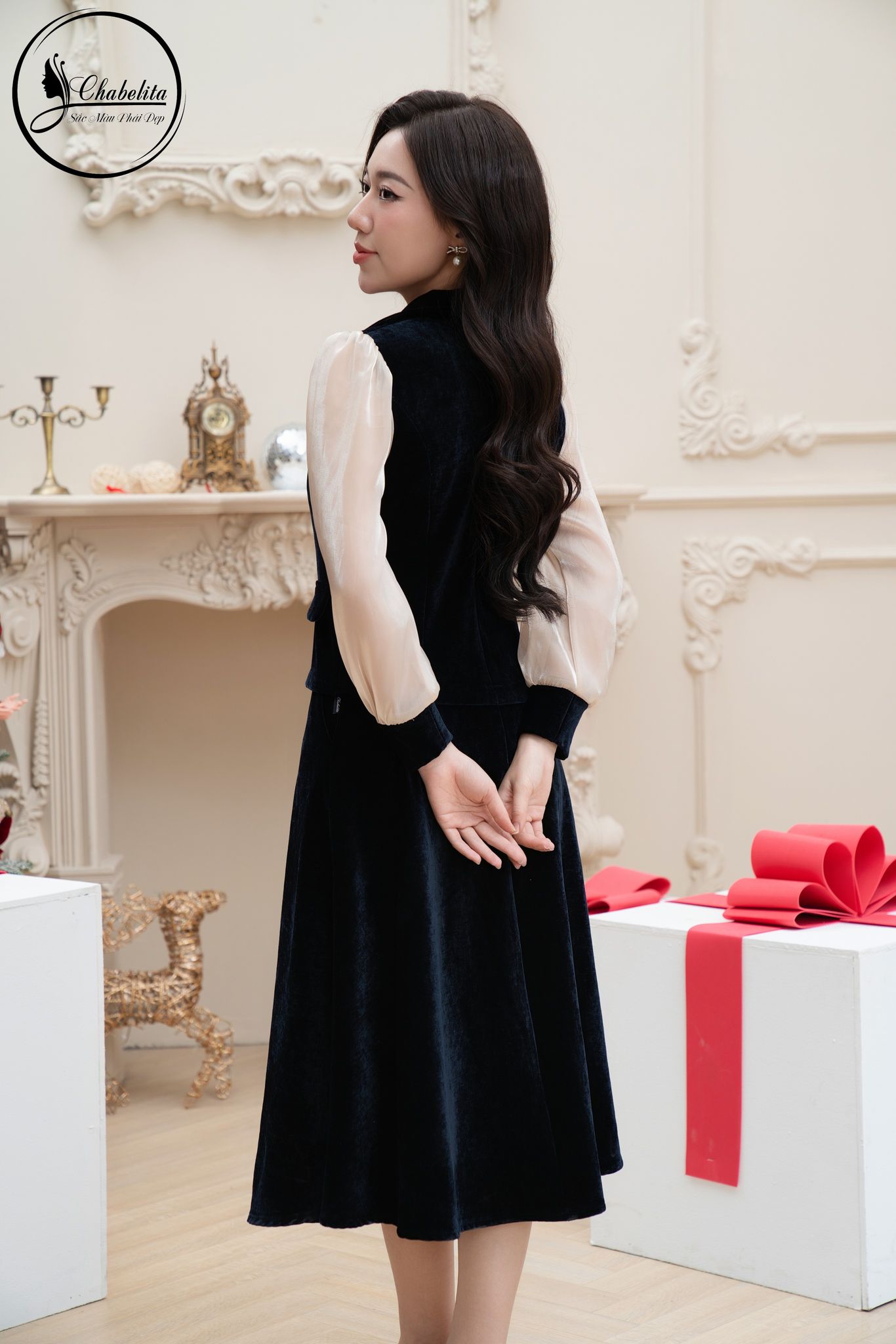 Sét bộ áo vest nhung kèm chân váy màu tím than