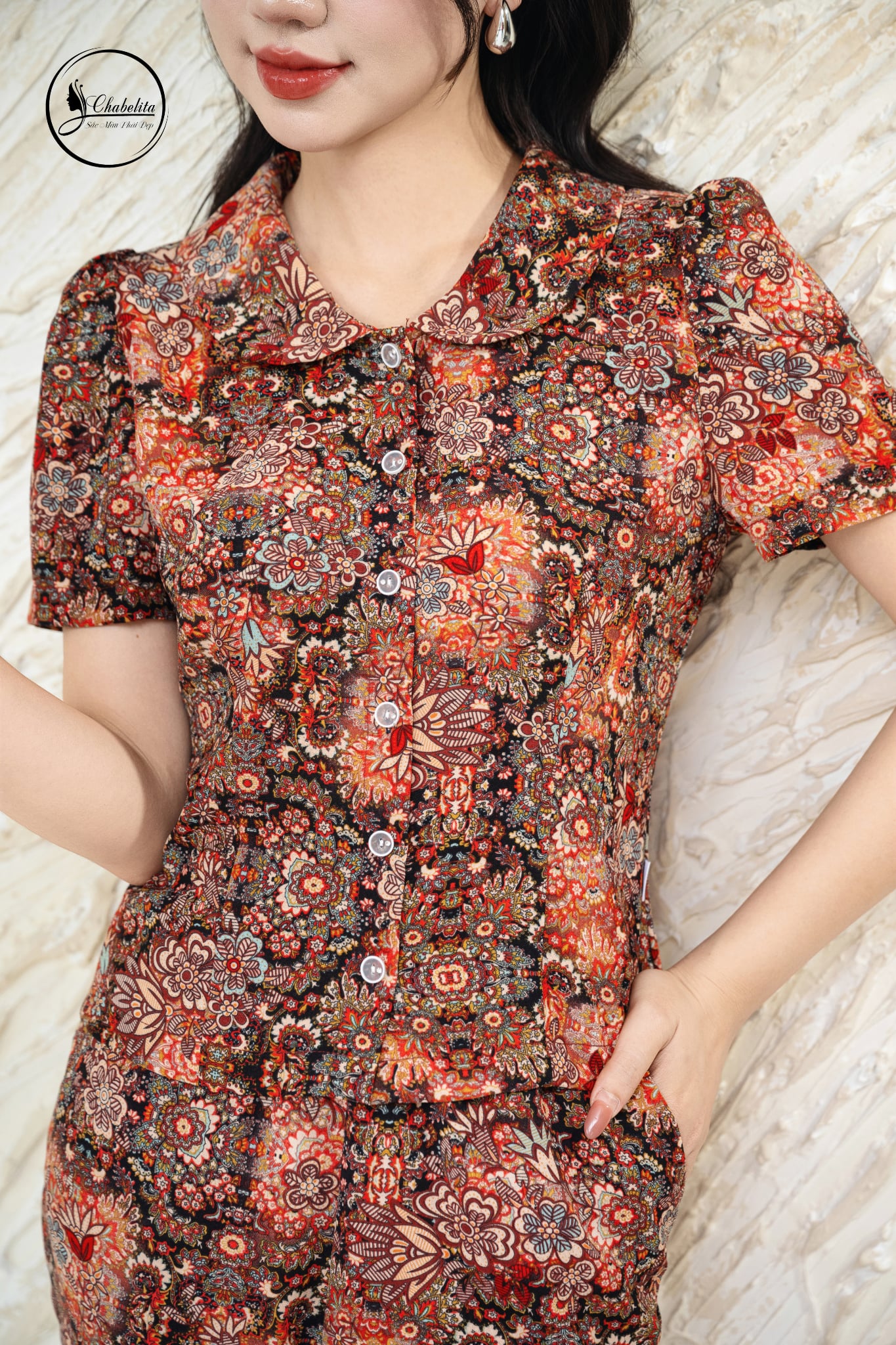 Sét bộ lụa rối áo sơ mi cổ sen phối quần