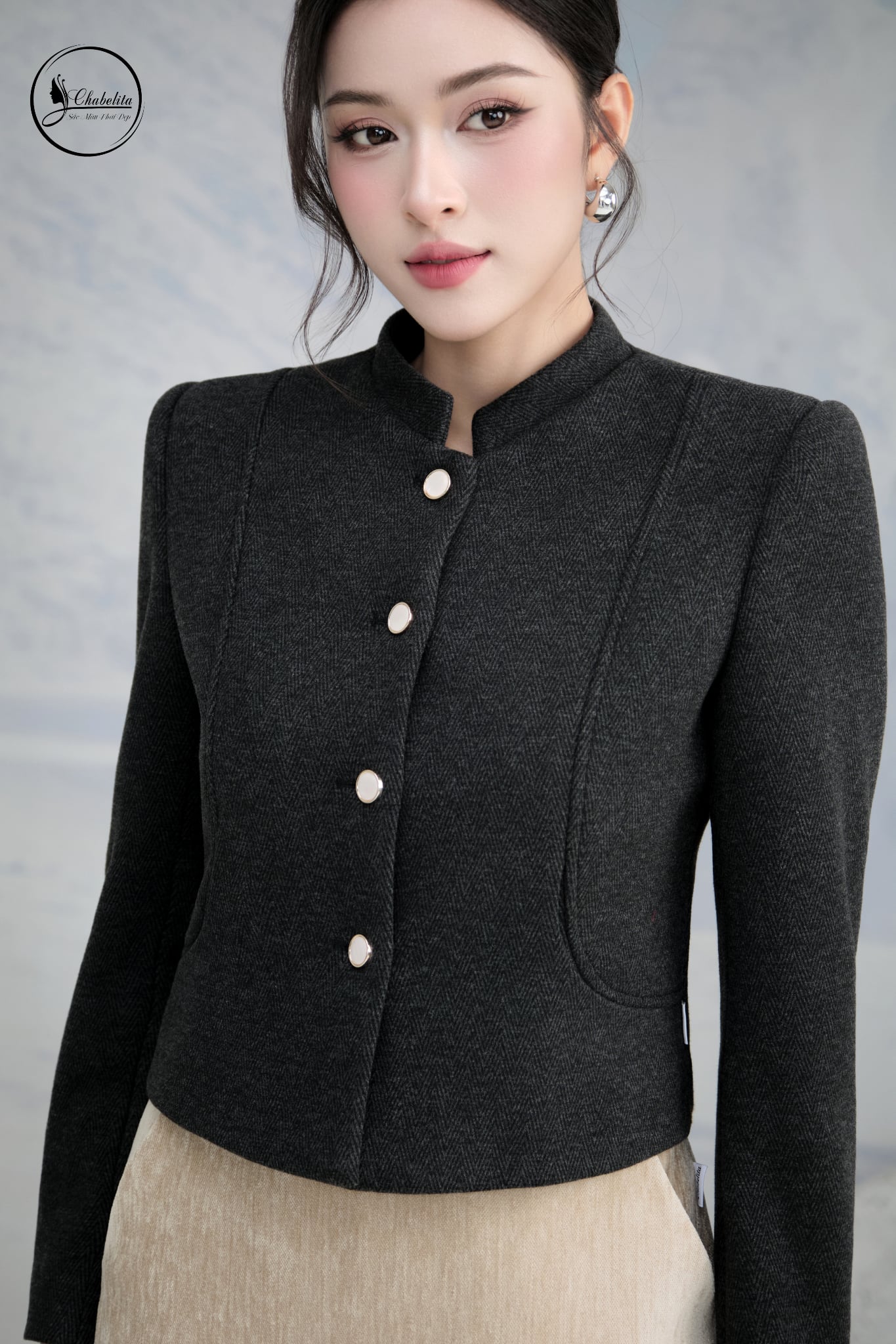 Áo vest cổ tàu màu xám