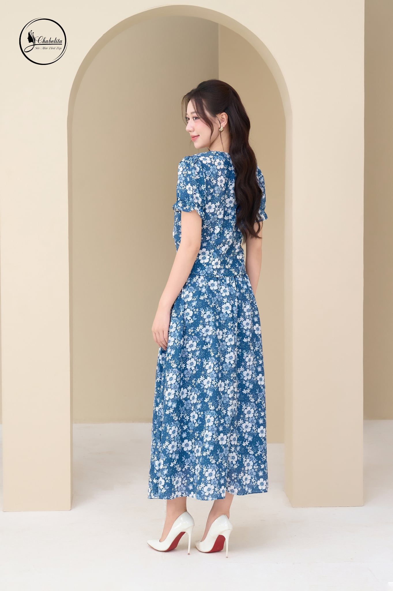 Sét bộ hoa sơ mi crotop phối chân váy màu xanh