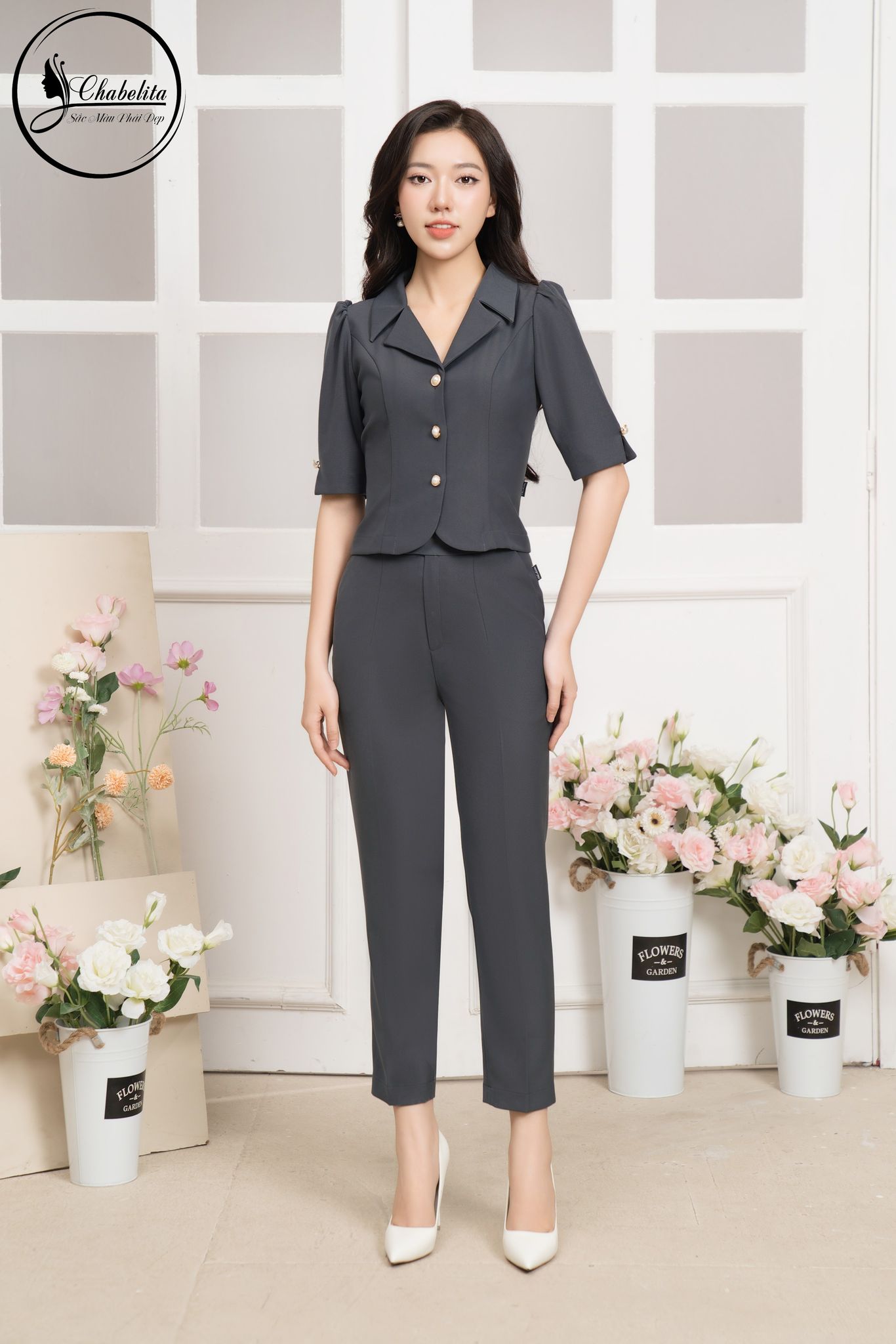 Sét bộ áo ký giả tay lỡ màu ghi