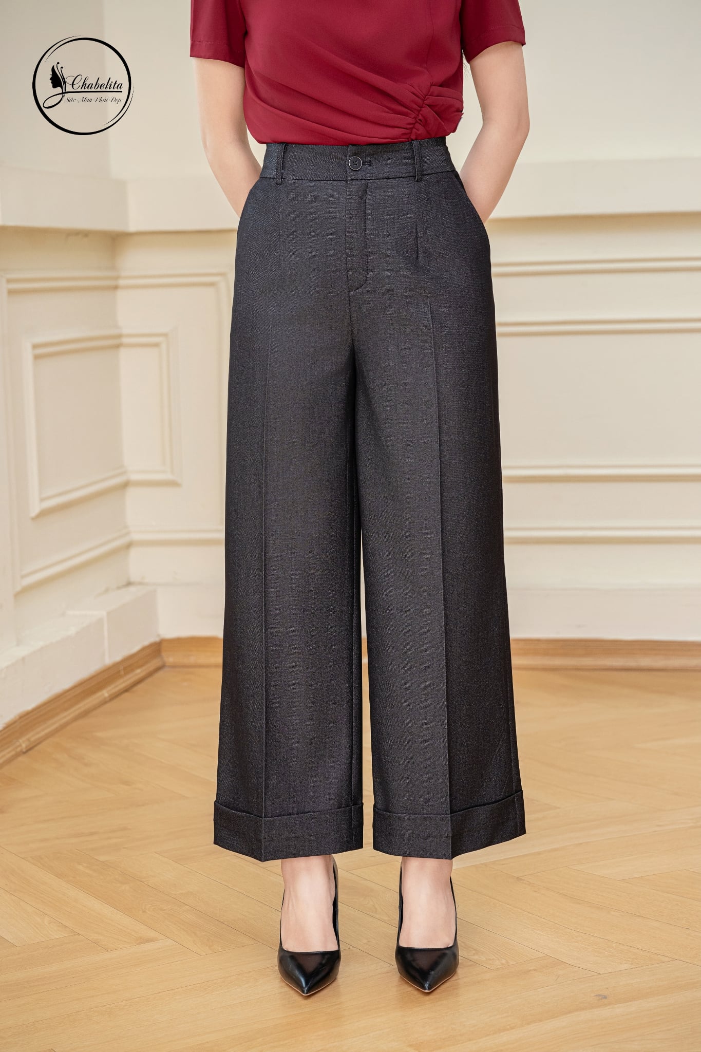 Quần suông cạp cao 2 cúc màu đen