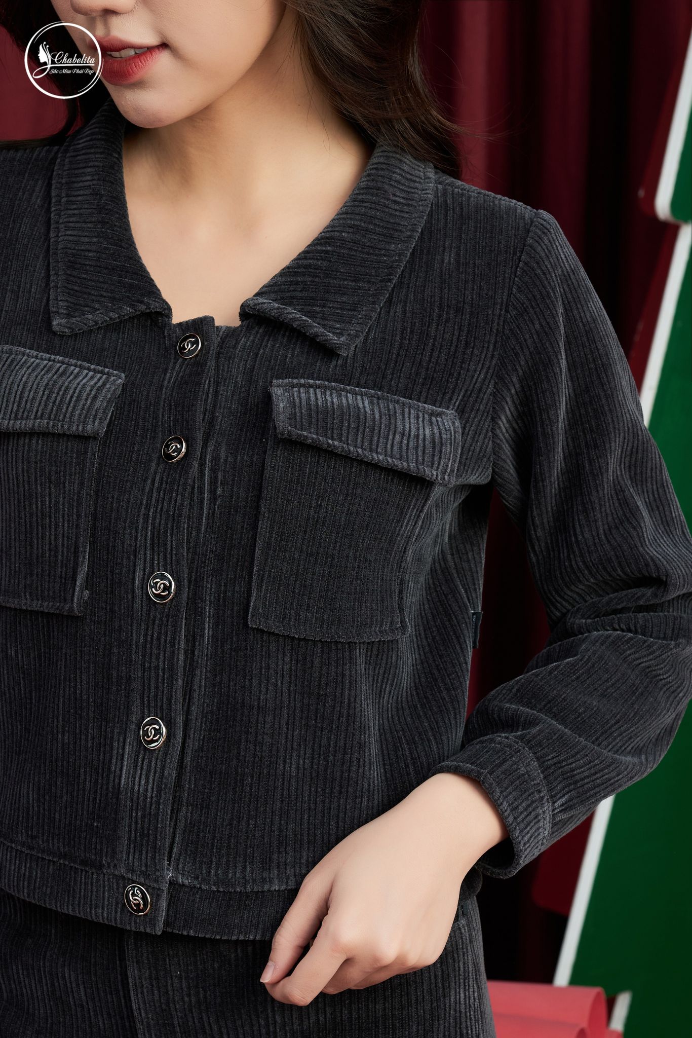 Sét bộ nhung áo ký giả+ chân ríp màu ghi