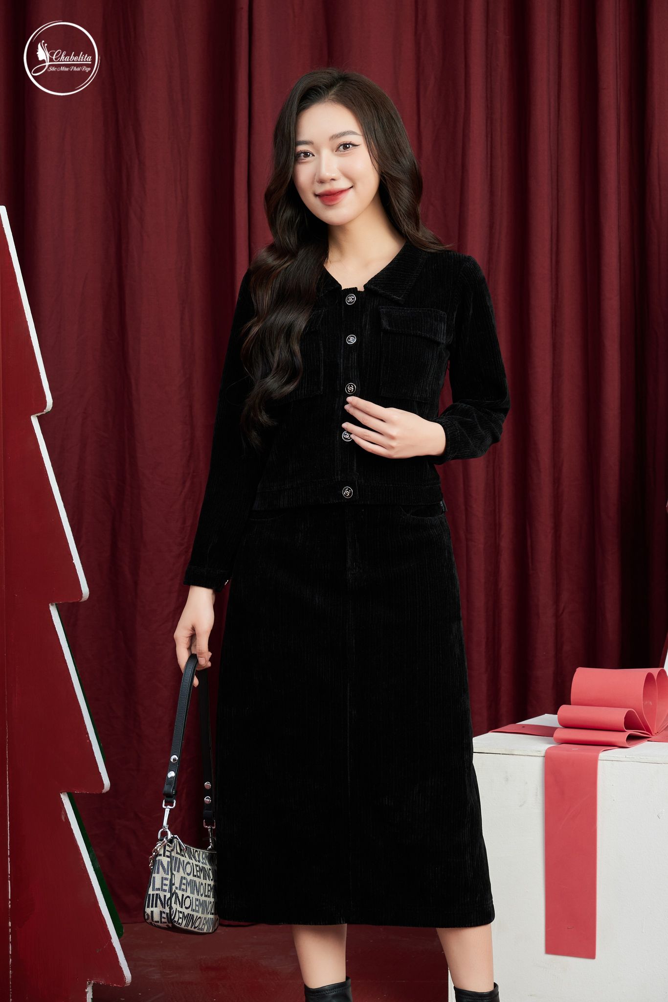 Sét bộ nhung áo ký giả+ chân ríp màu đen