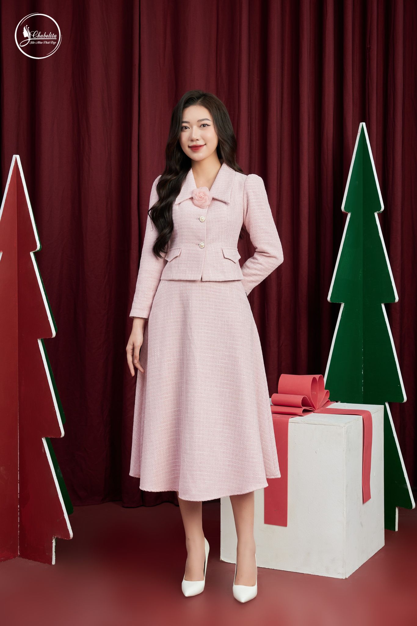 Sét bộ áo ký giả kèm chân váy màu hồng