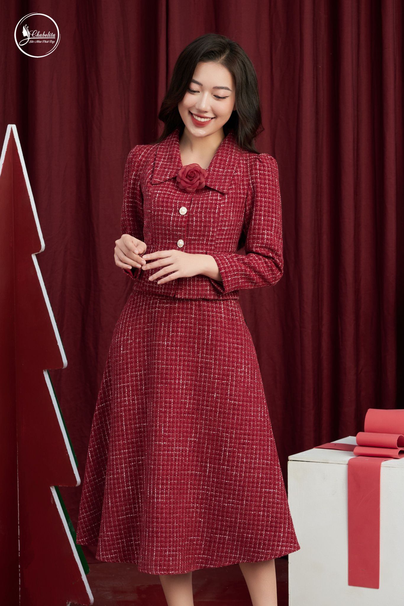 Sét bộ áo ký giả kèm chân váy màu đỏ