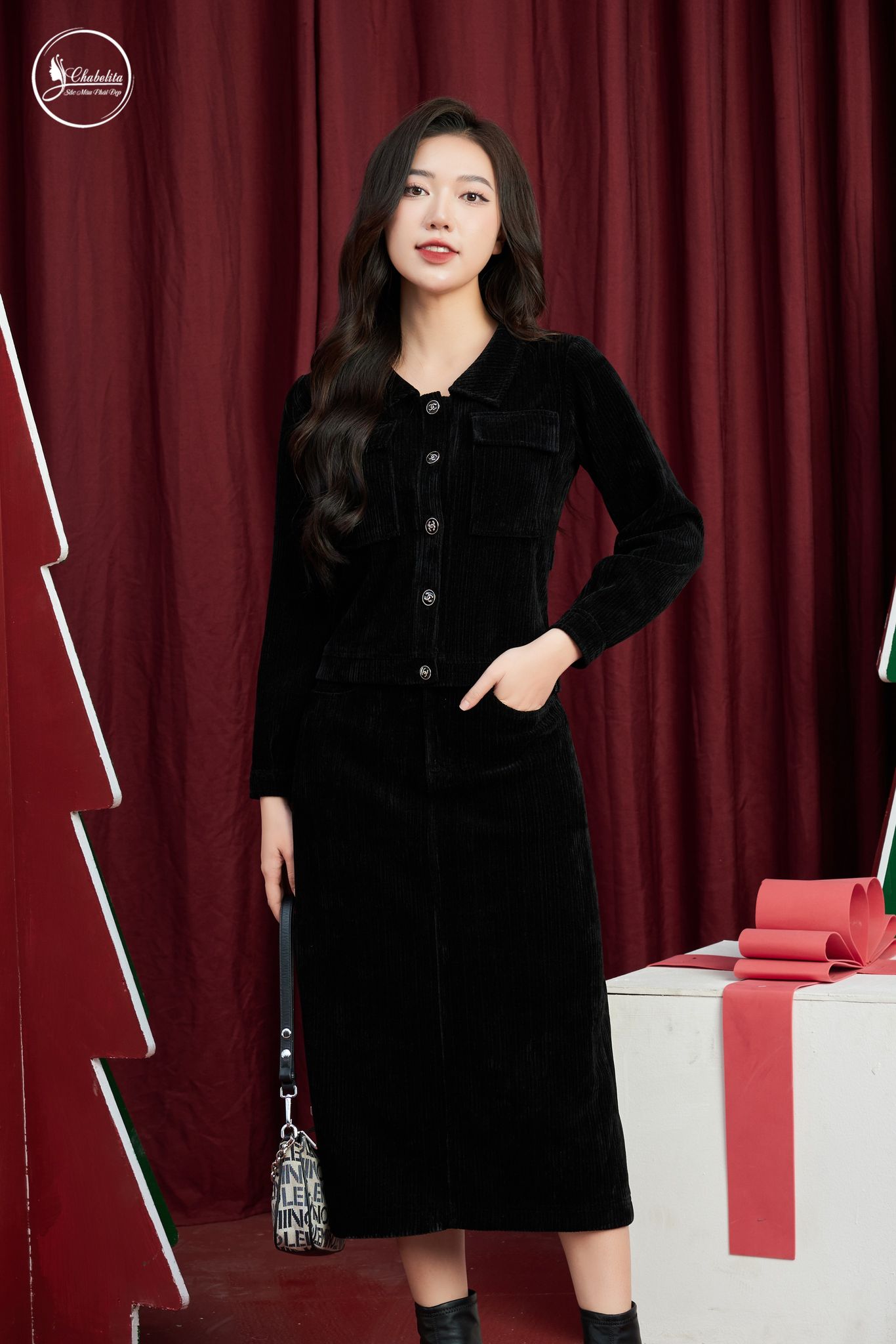 Sét bộ nhung áo ký giả+ chân ríp màu đen