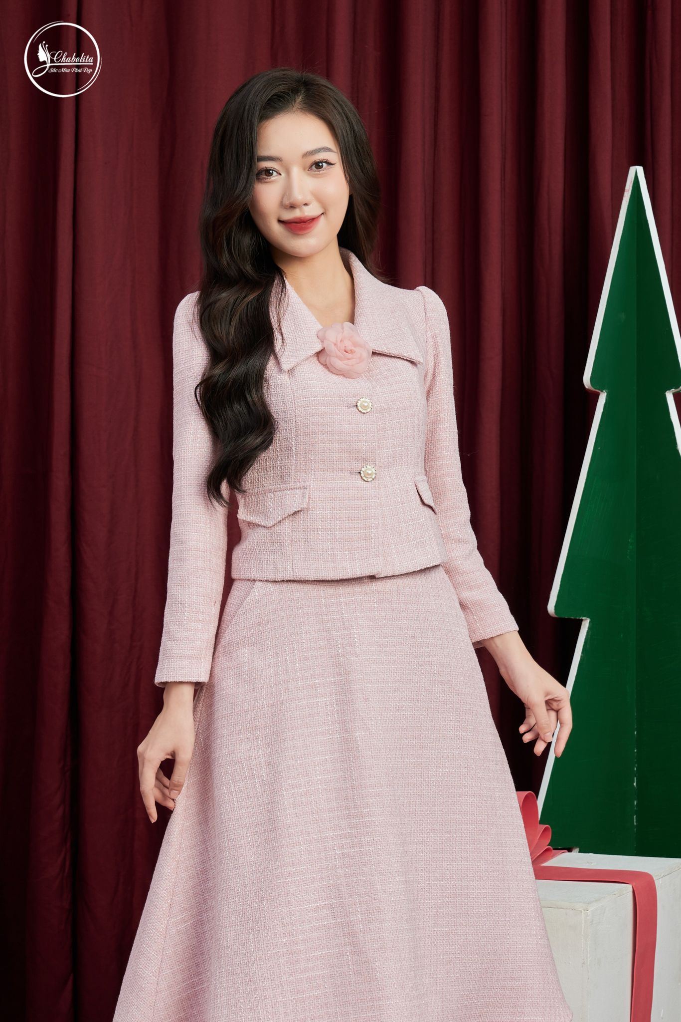 Sét bộ áo ký giả kèm chân váy màu hồng