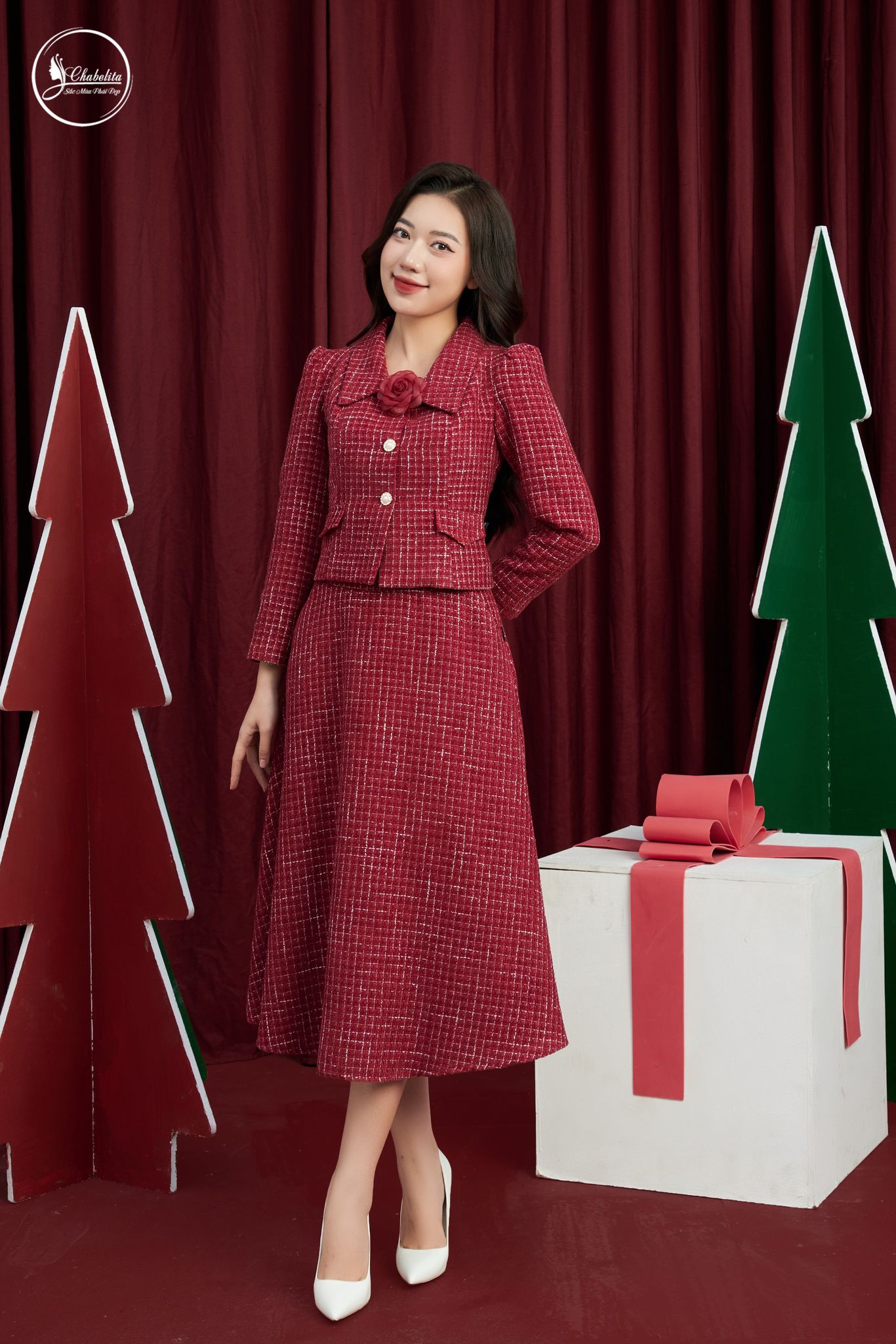 Sét bộ áo ký giả kèm chân váy màu đỏ