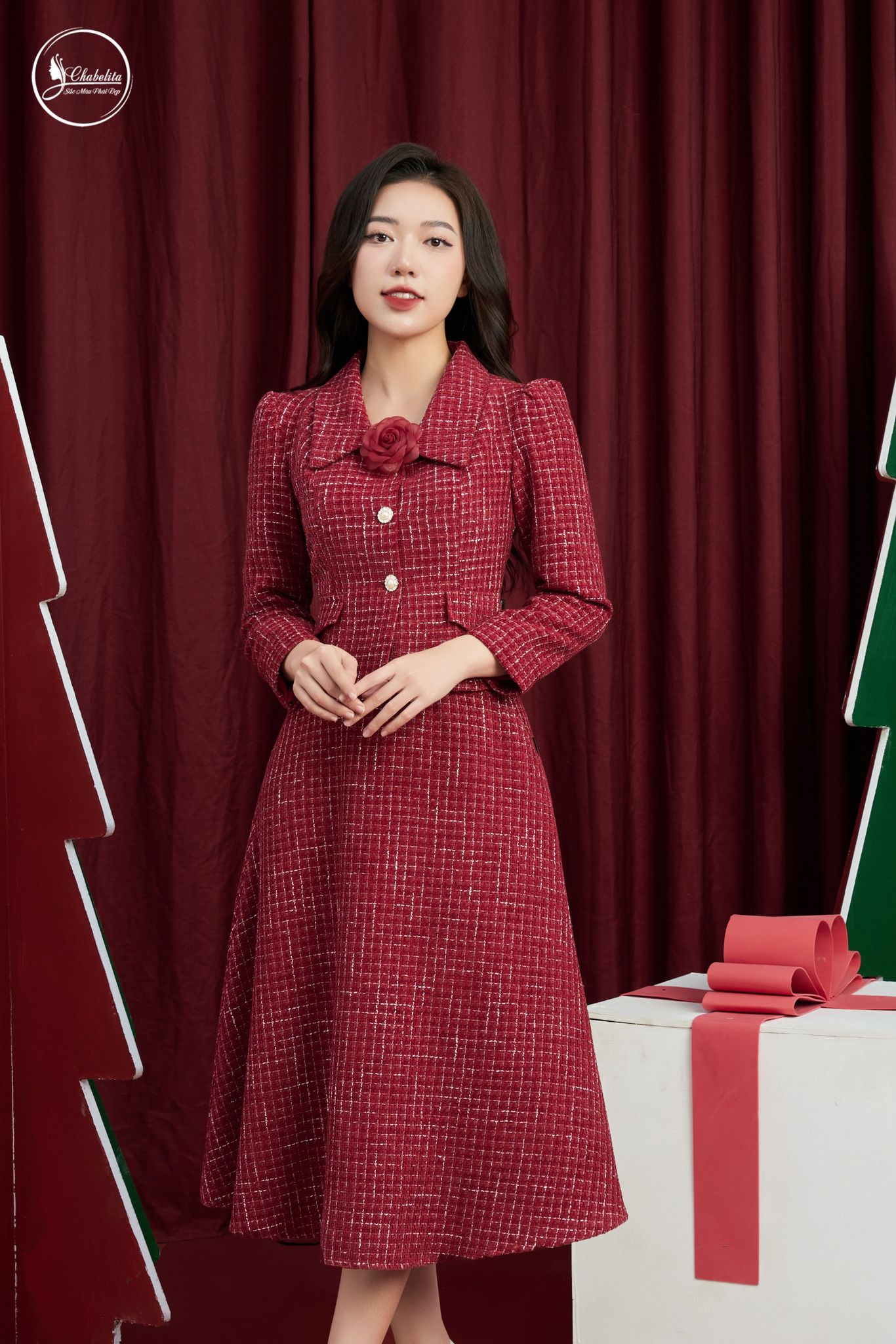 Sét bộ áo ký giả kèm chân váy màu đỏ