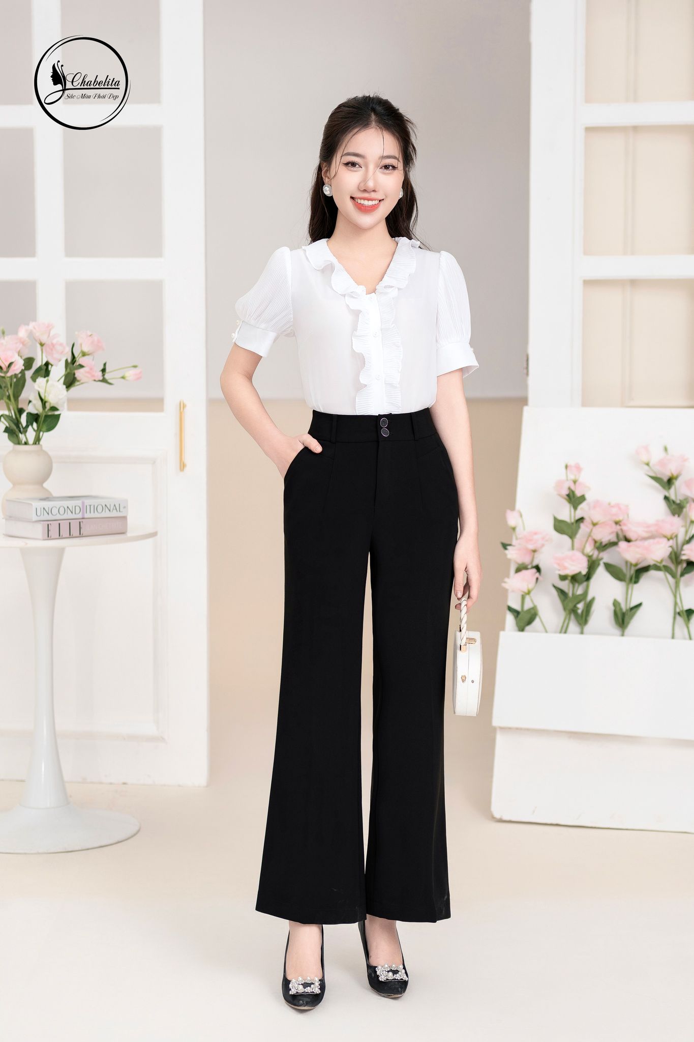 Quần ống vẩy 2 cúc màu đen