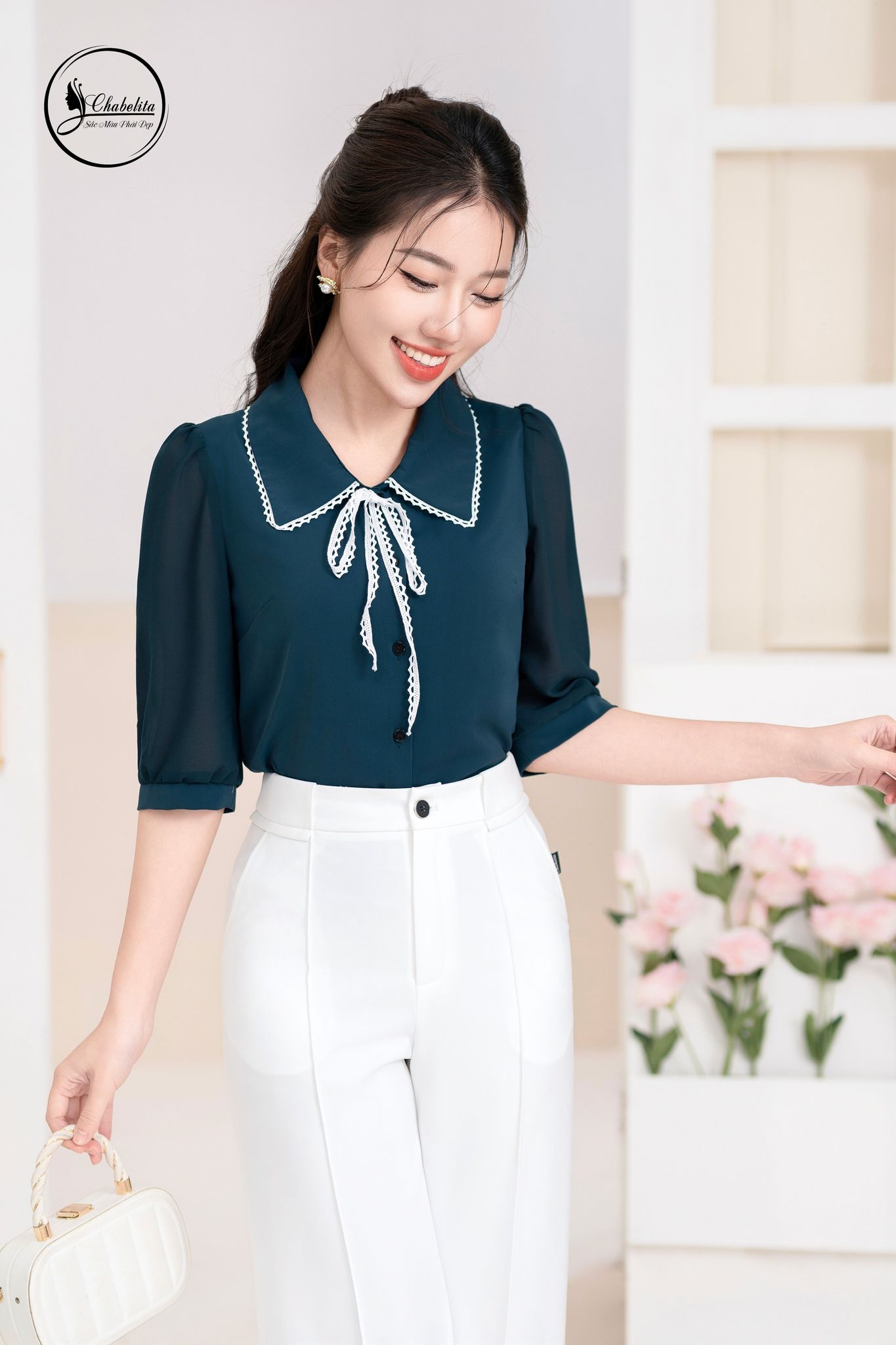 Áo sơ mi tay lỡ màu xanh