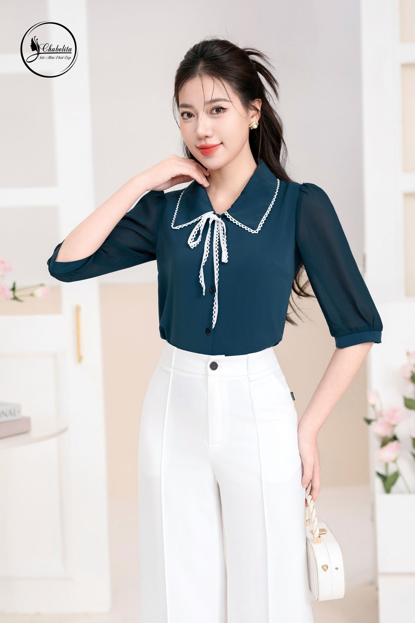 Áo sơ mi tay lỡ màu xanh