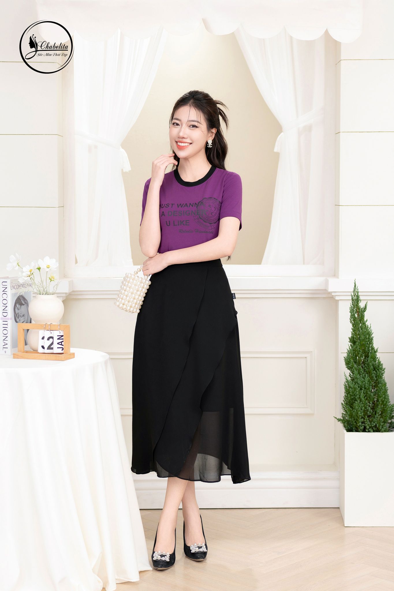 Áo cotton phối cổ màu tím