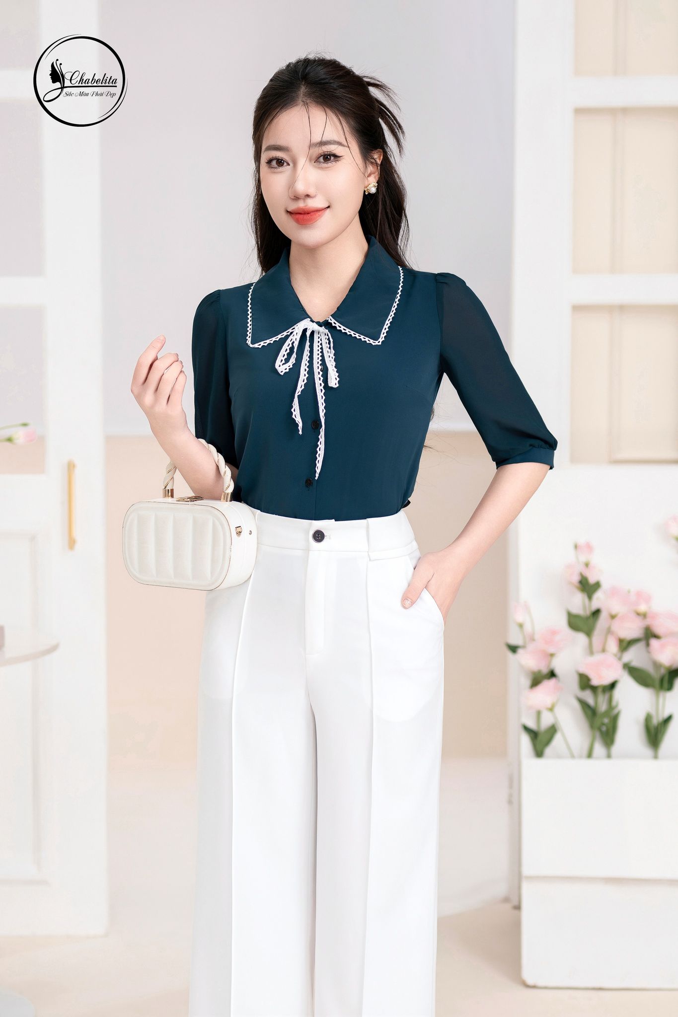 Áo sơ mi tay lỡ màu xanh