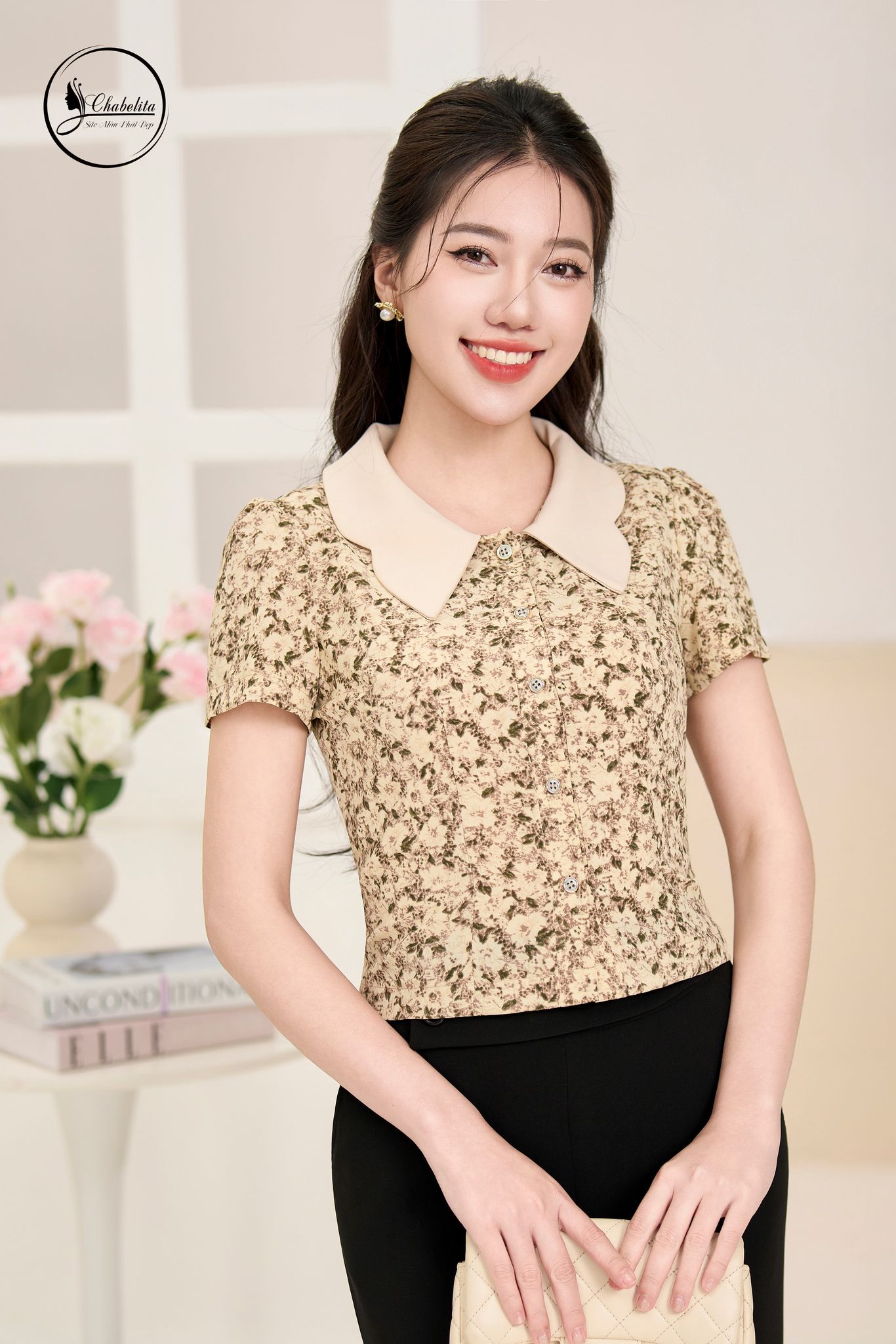 Áo sơ mi hoa phối cổ màu nâu