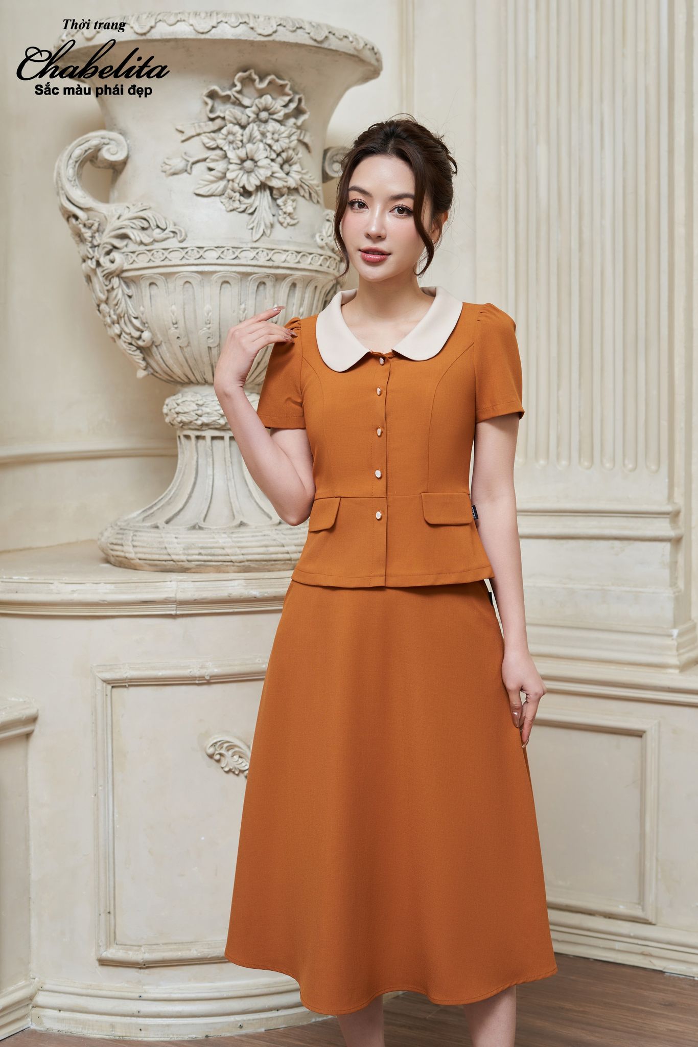 Sét bộ áo phối cổ sen màu vàng