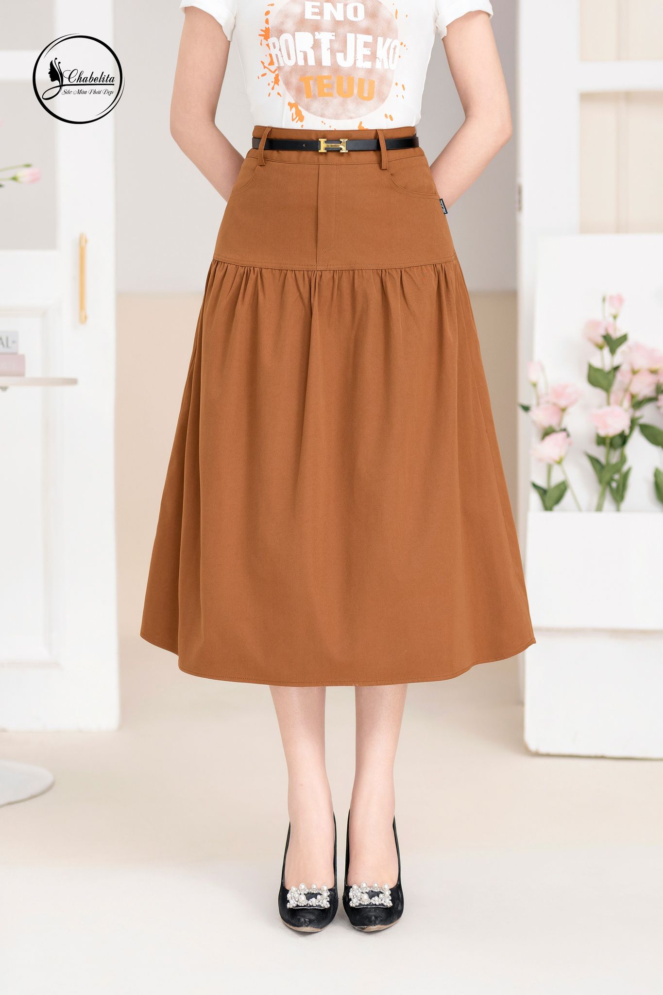 Chân váy dáng A màu nâu
