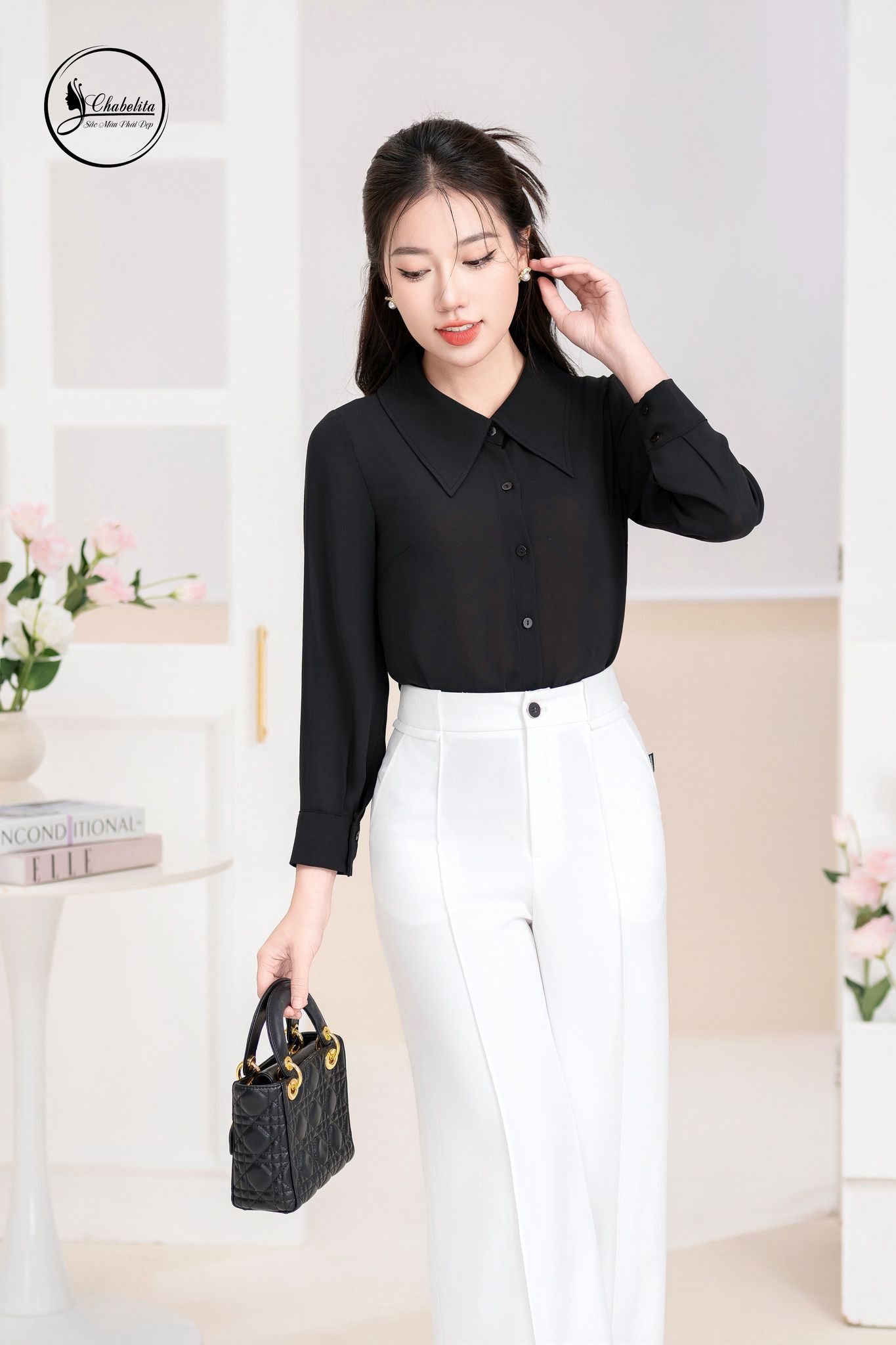 Áo sơ mi cổ nhọn dài tay màu đen