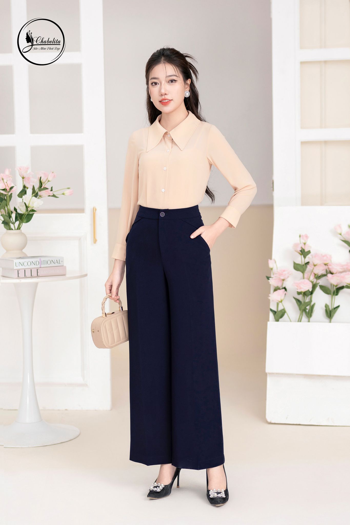 Quần xuông cách điệu màu xanh than