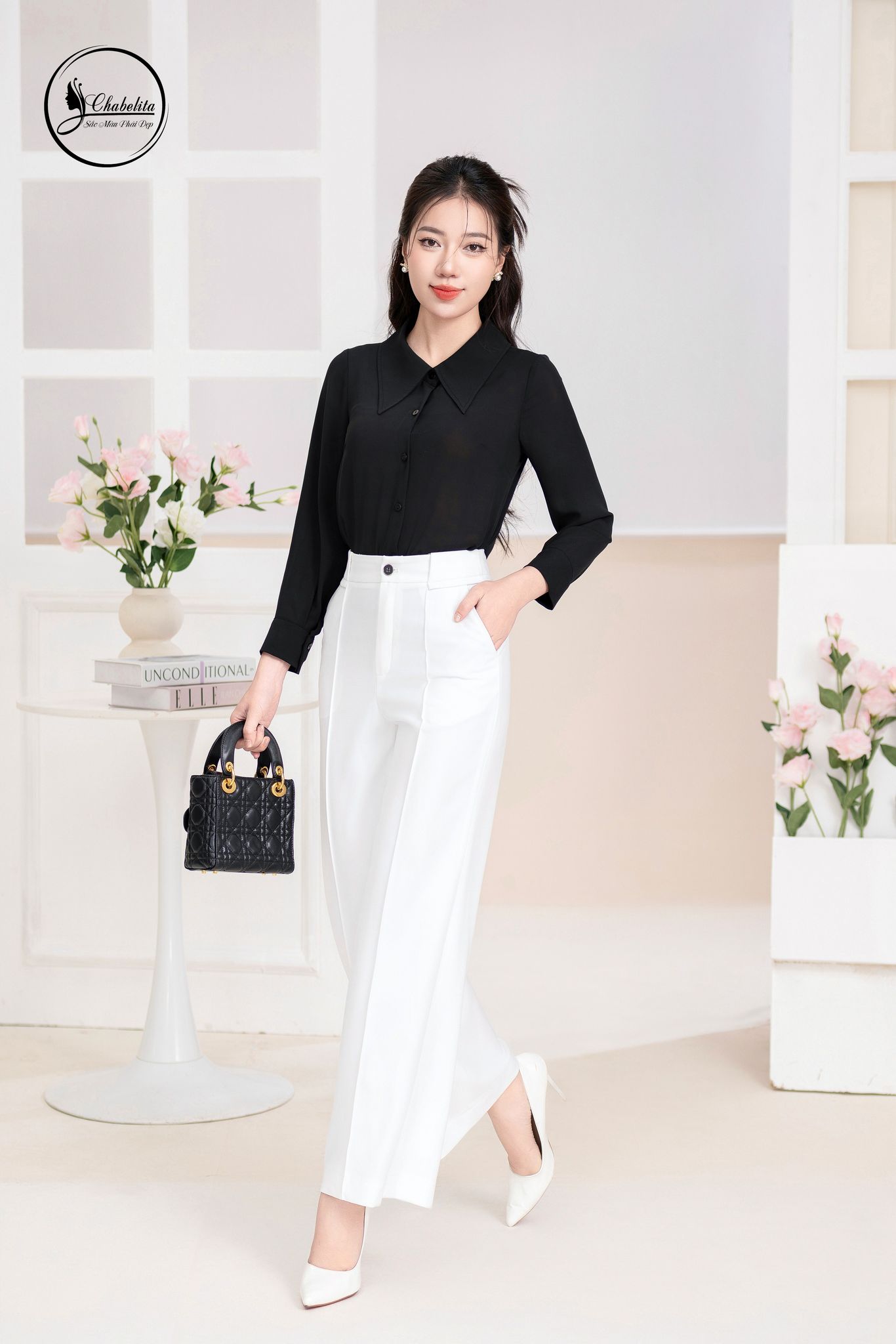 Áo sơ mi cổ nhọn dài tay màu đen