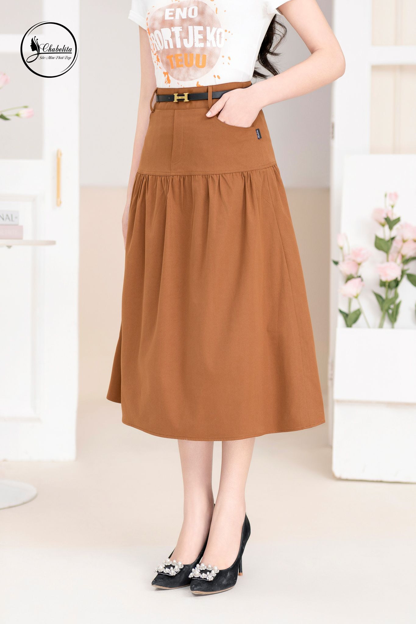 Chân váy dáng A màu nâu