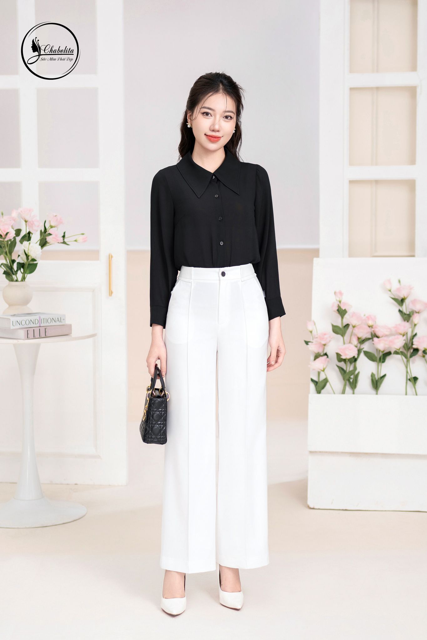 Áo sơ mi cổ nhọn dài tay màu đen