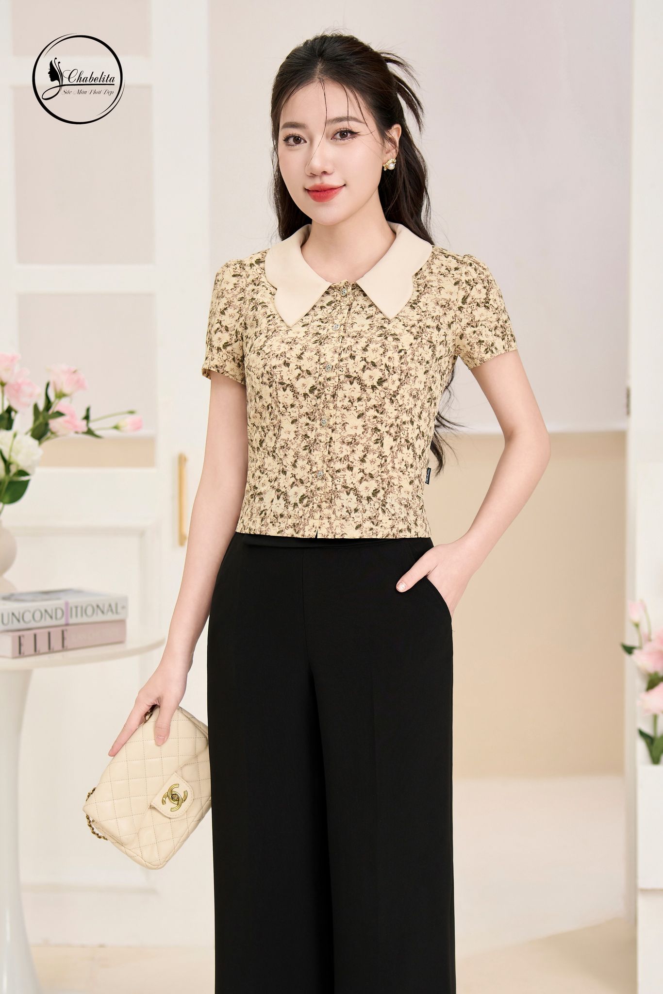 Áo sơ mi hoa phối cổ màu nâu