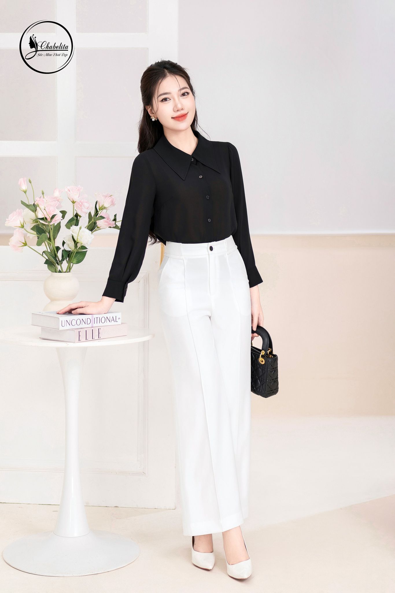 Áo sơ mi cổ nhọn dài tay màu đen