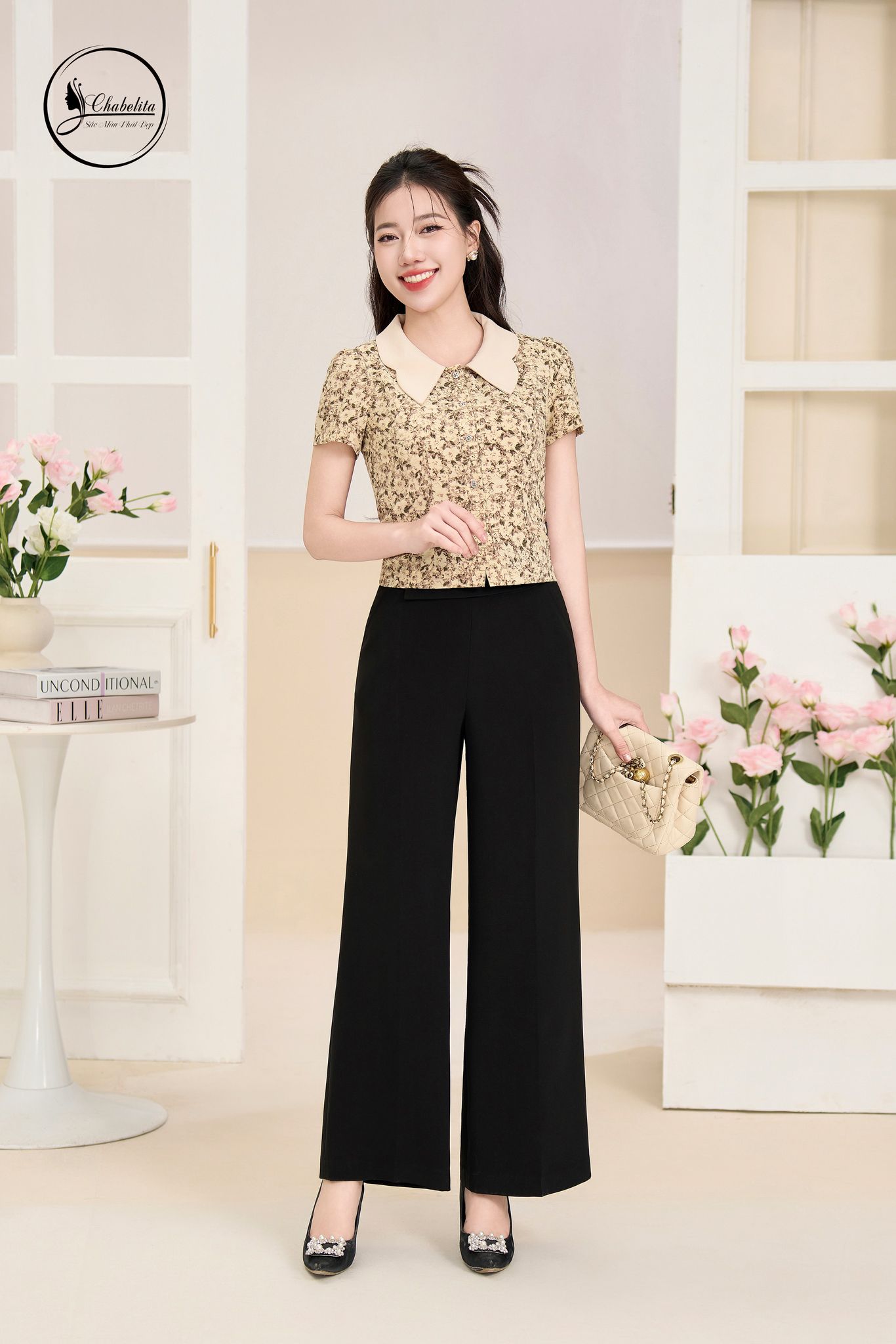 Áo sơ mi hoa phối cổ màu nâu