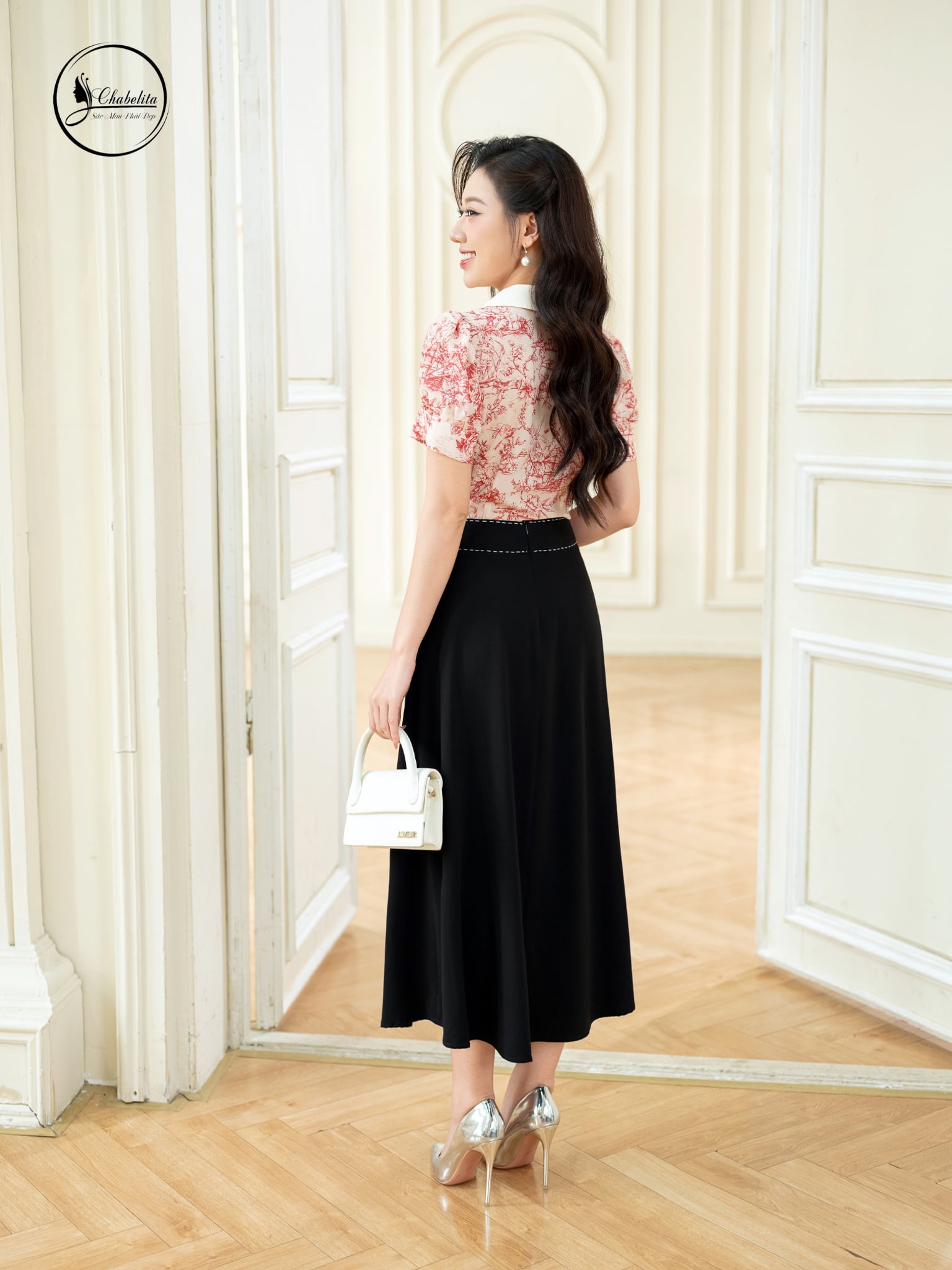 Áo sơ mi hoa phối cổ màu hồng