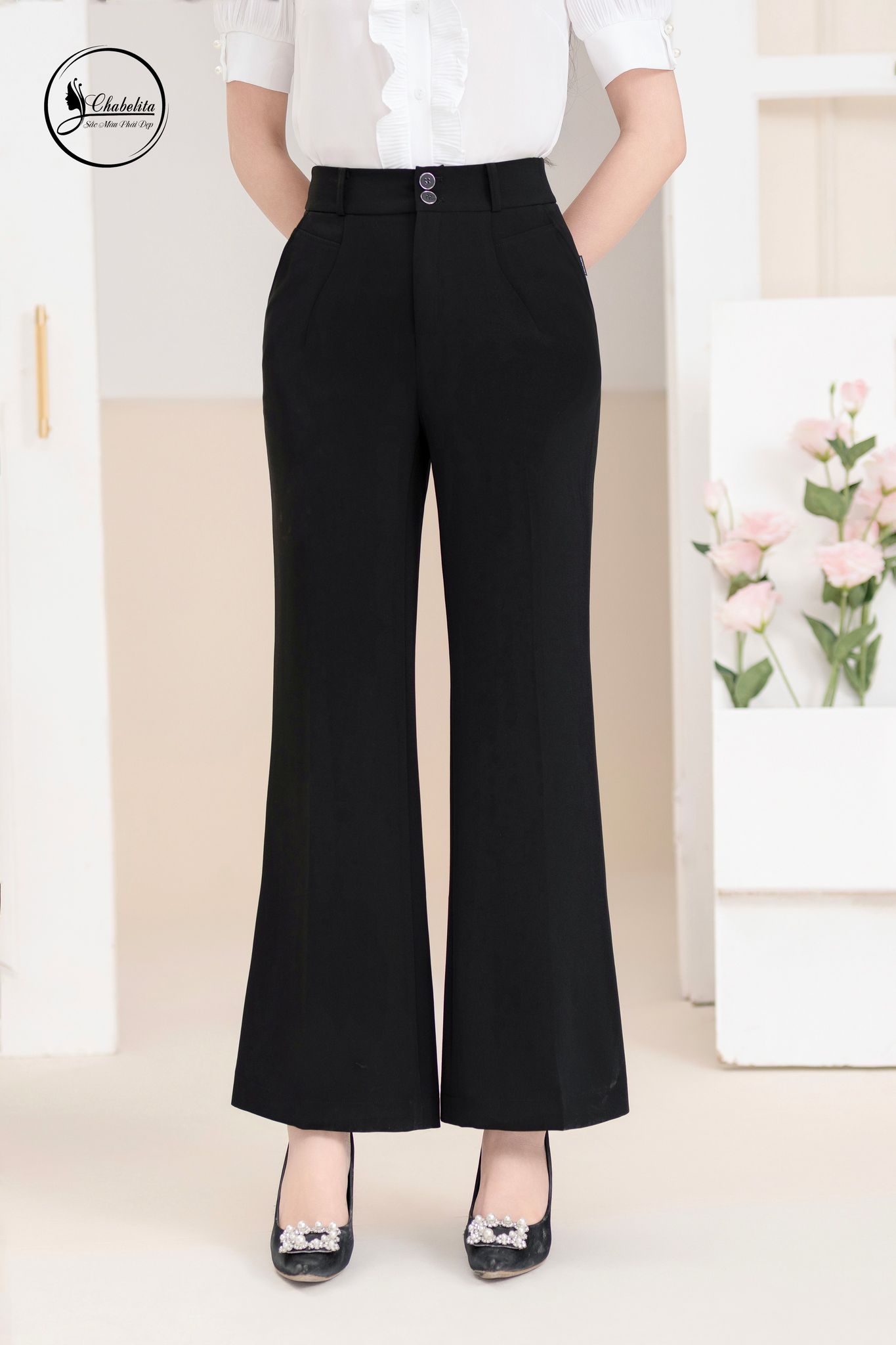 Quần ống vẩy 2 cúc màu đen