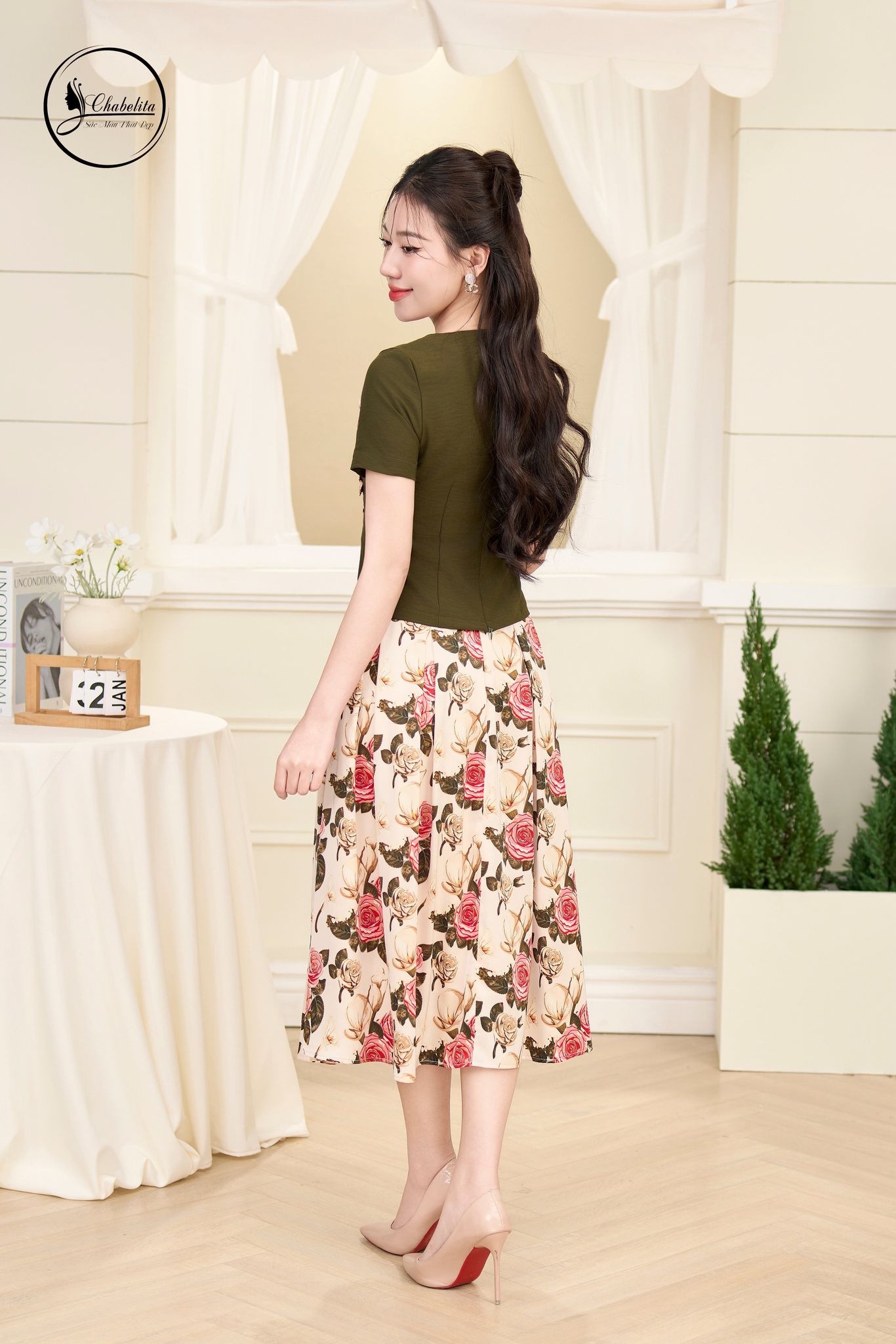 Sét bộ áo cotton phối chân váy màu rêu