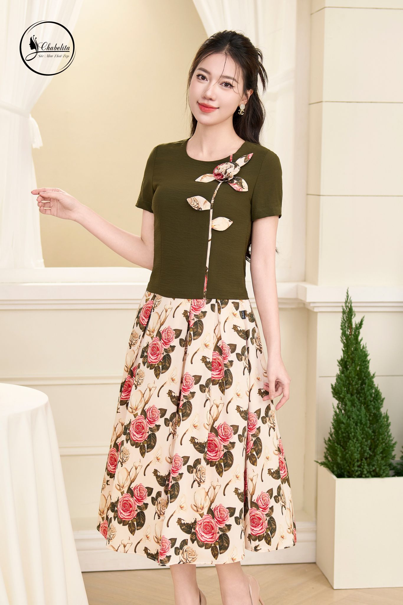 Sét bộ áo cotton phối chân váy màu rêu