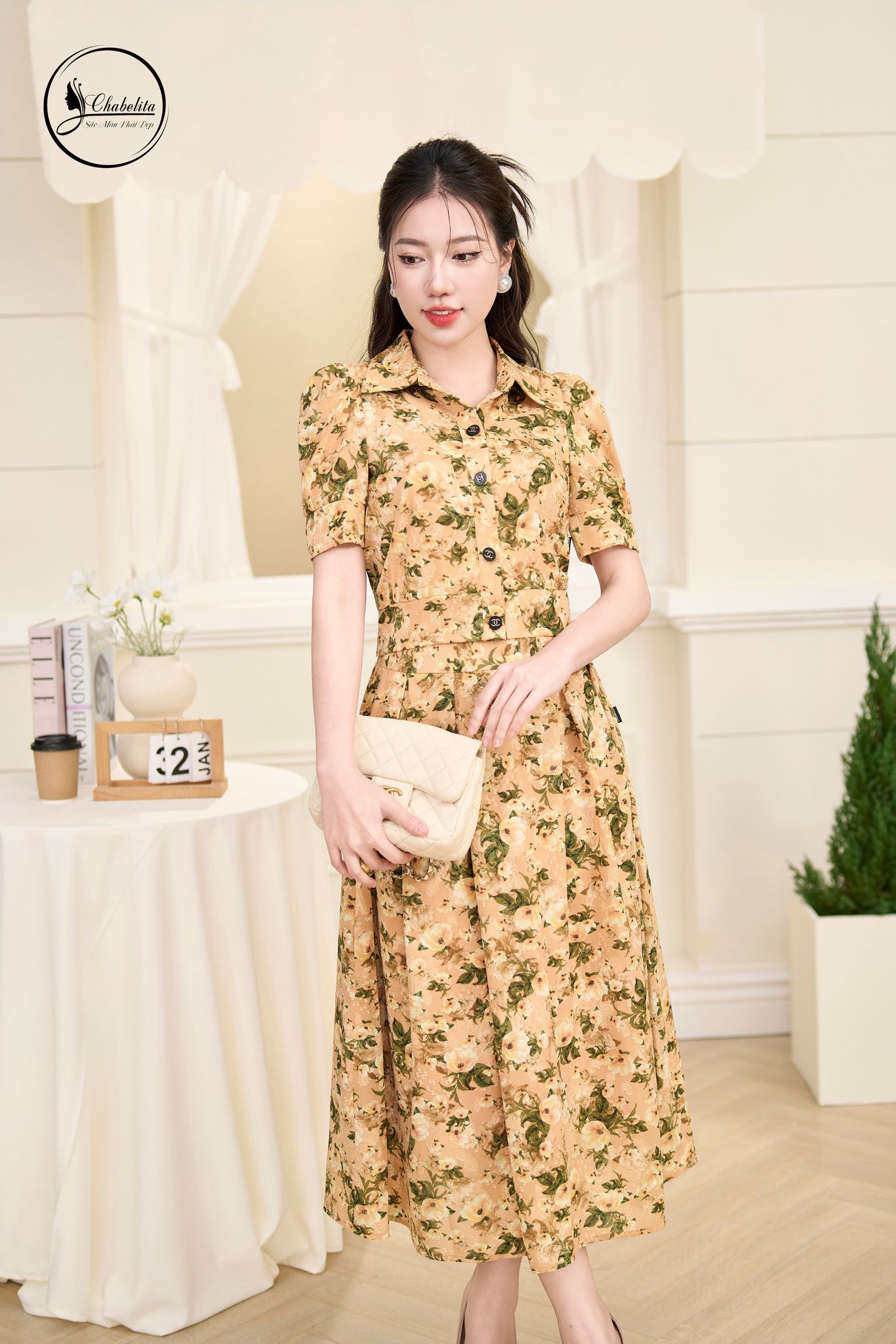 Sét bộ áo hoa kèm chân váy màu nâu