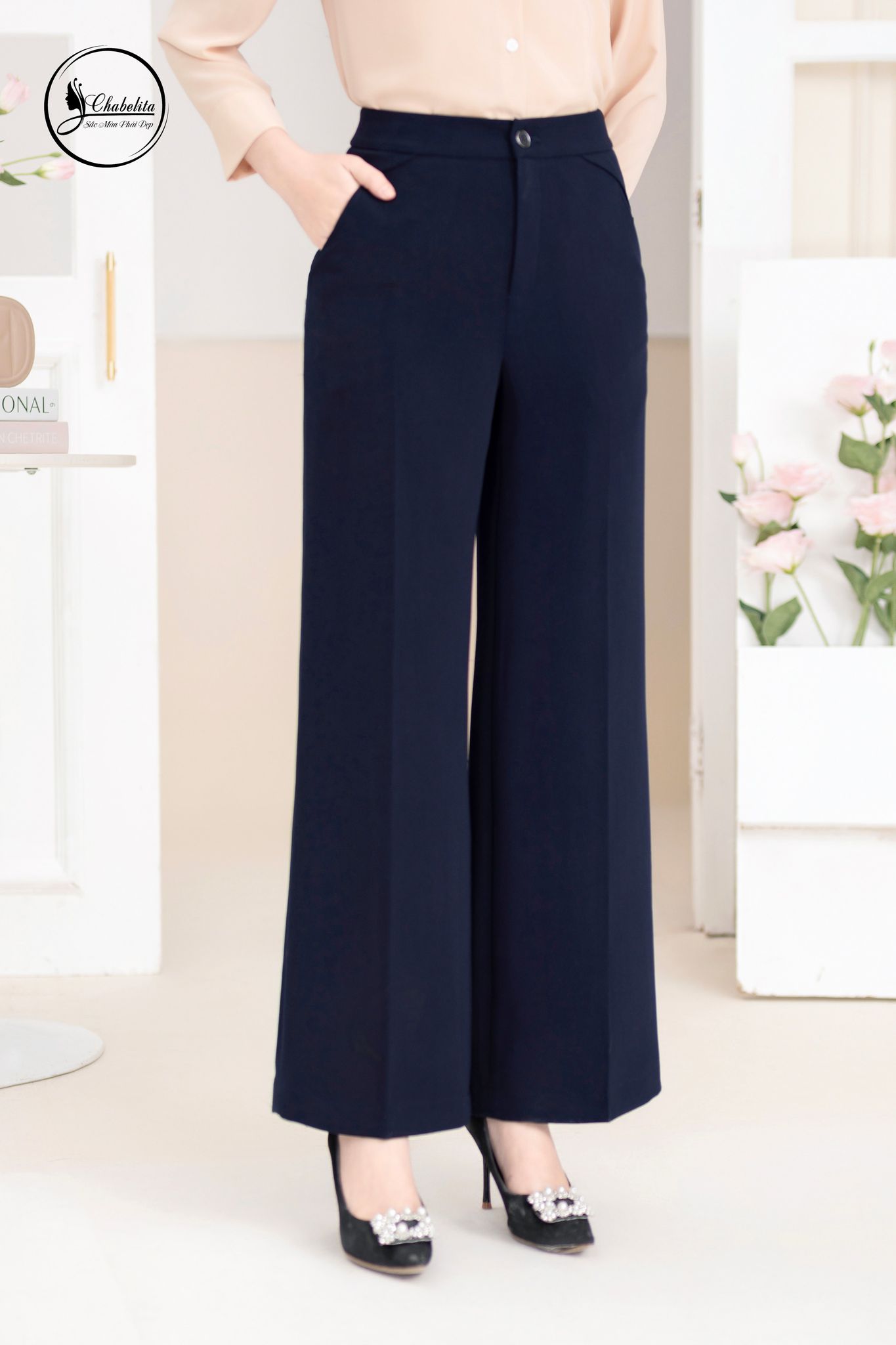 Quần xuông cách điệu màu xanh than