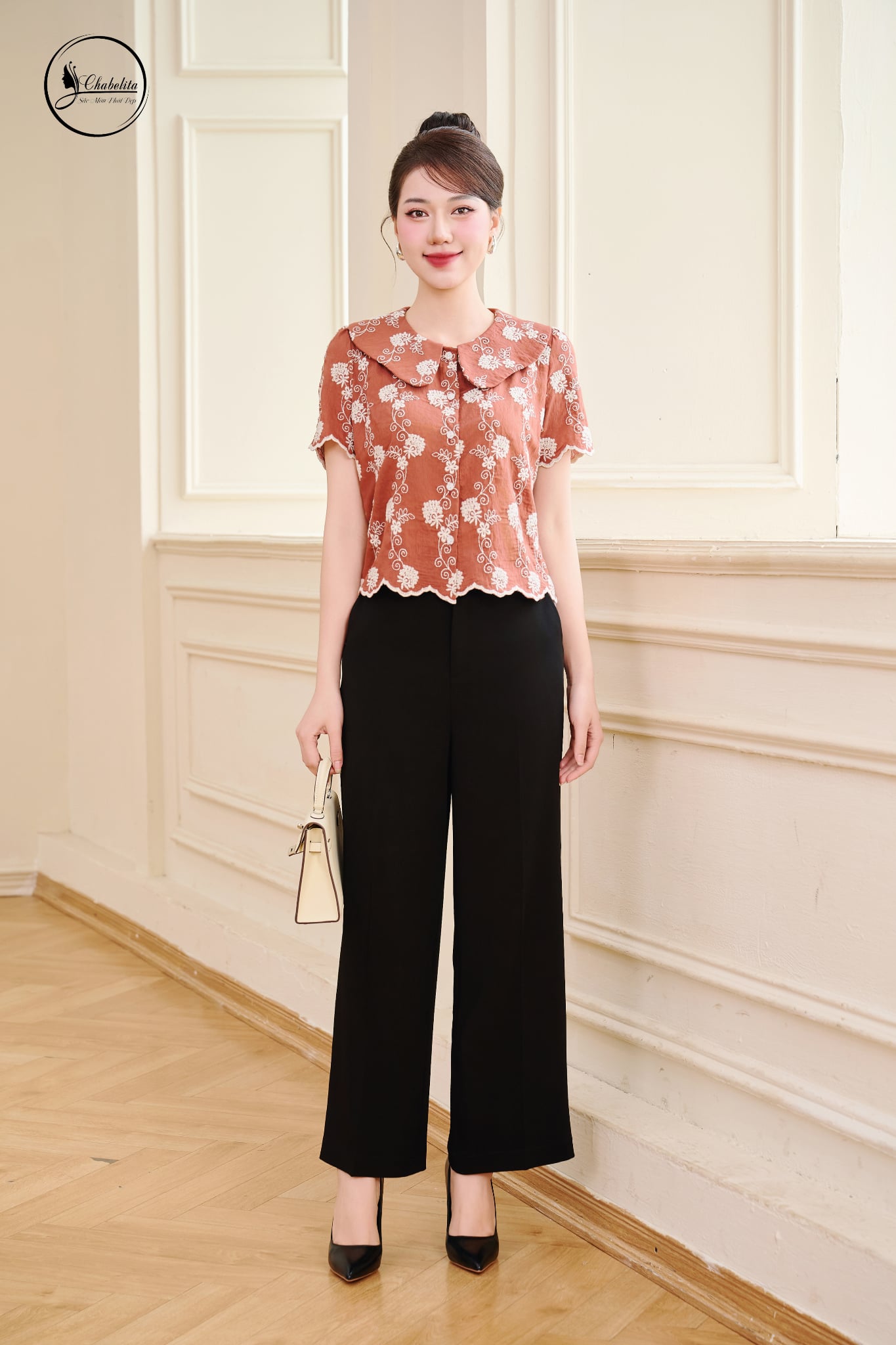 Quần suông cạp cách điệu màu đen