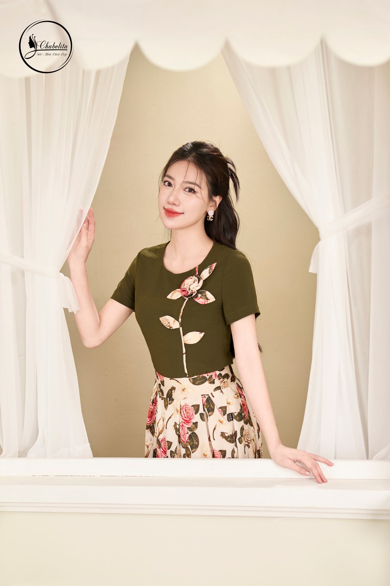 Sét bộ áo cotton phối chân váy màu rêu