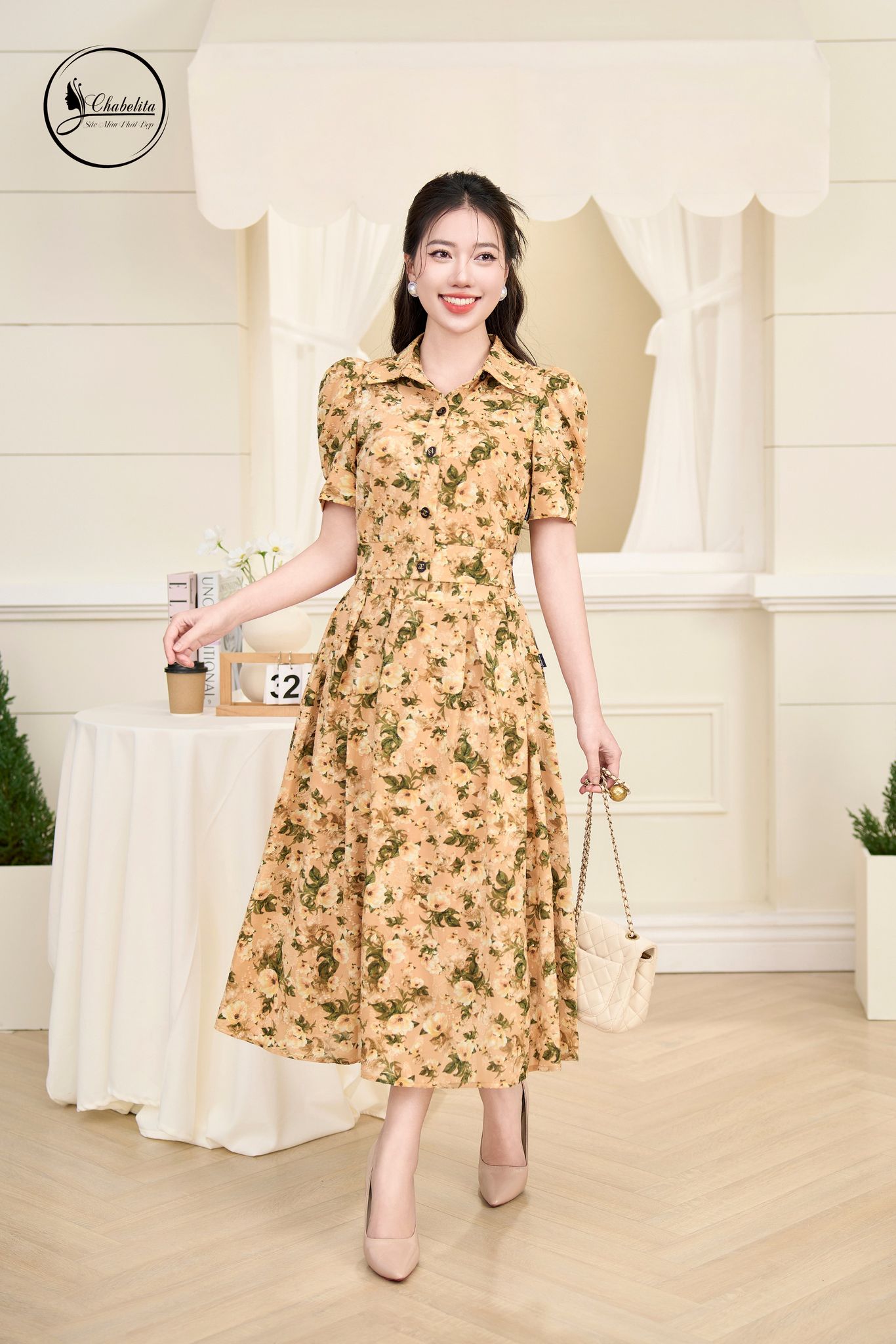 Sét bộ áo hoa kèm chân váy màu nâu