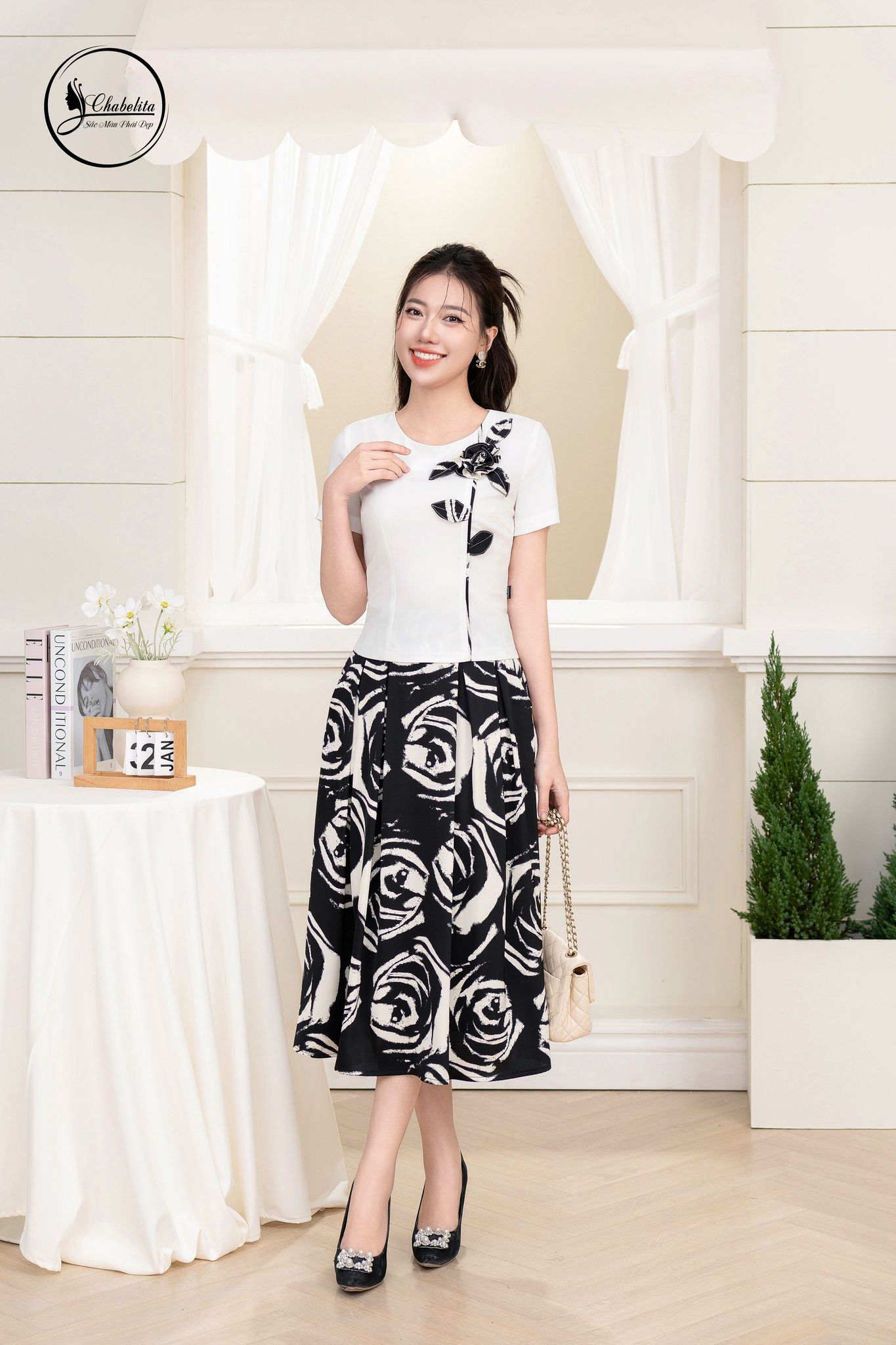 Sét bộ áo cotton phối chân váy màu trắng