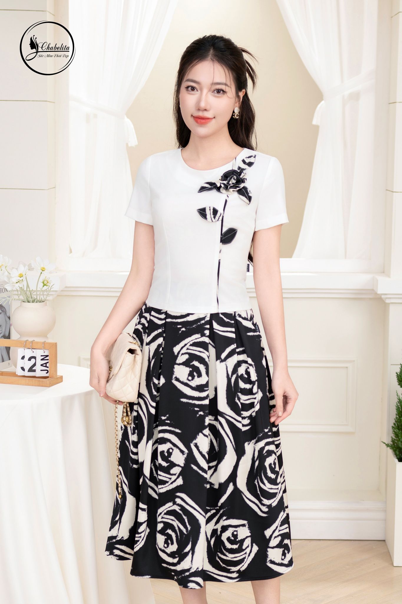 Sét bộ áo cotton phối chân váy màu trắng